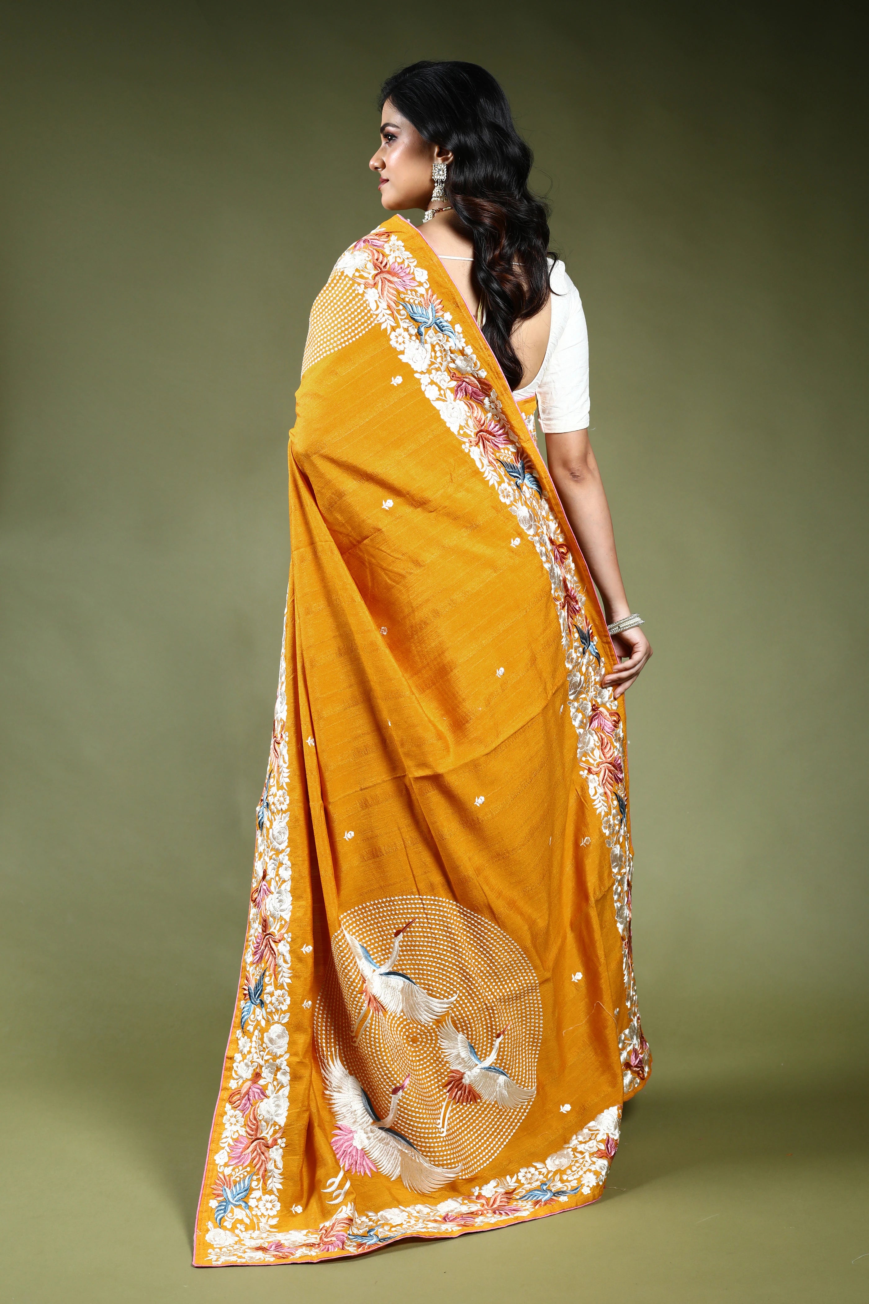 Mustard Yellow Semi Tussar Parsi Saree with Blouse Piece