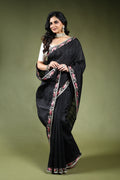 Black Semi Tussar Embroidery Saree with Blouse Piece