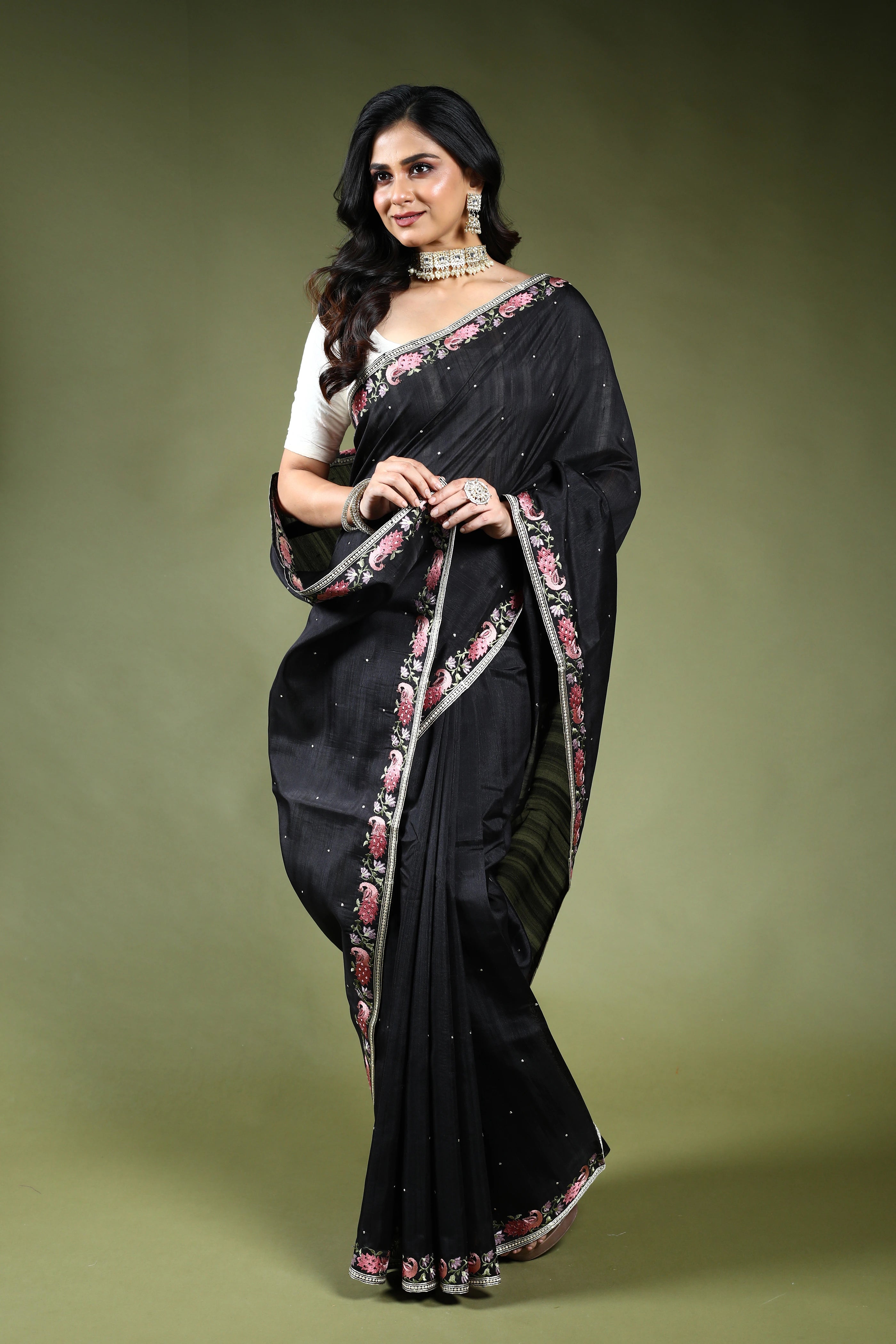 Black Semi Tussar Embroidery Saree with Blouse Piece