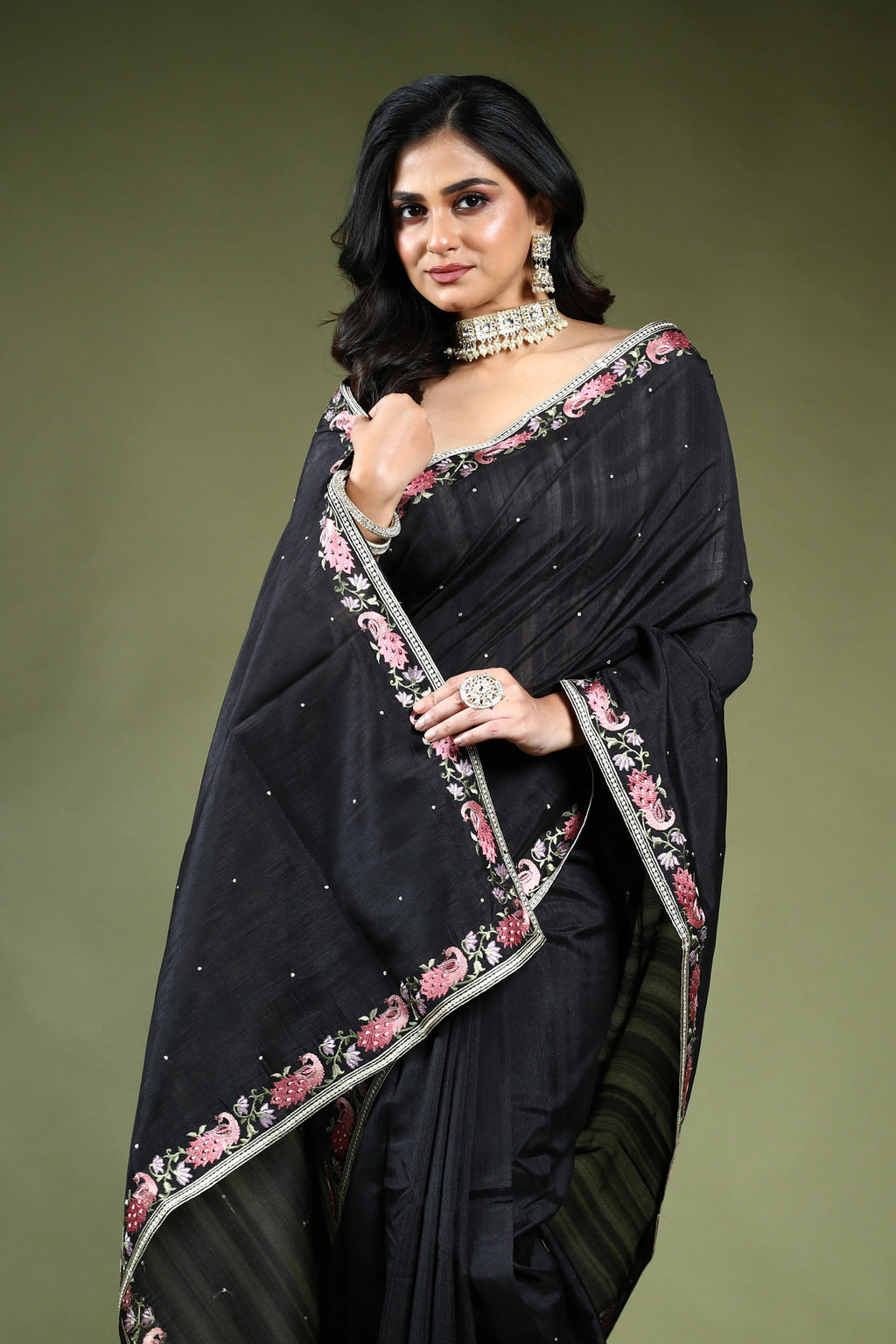 Black Semi Tussar Embroidery Saree with Blouse Piece