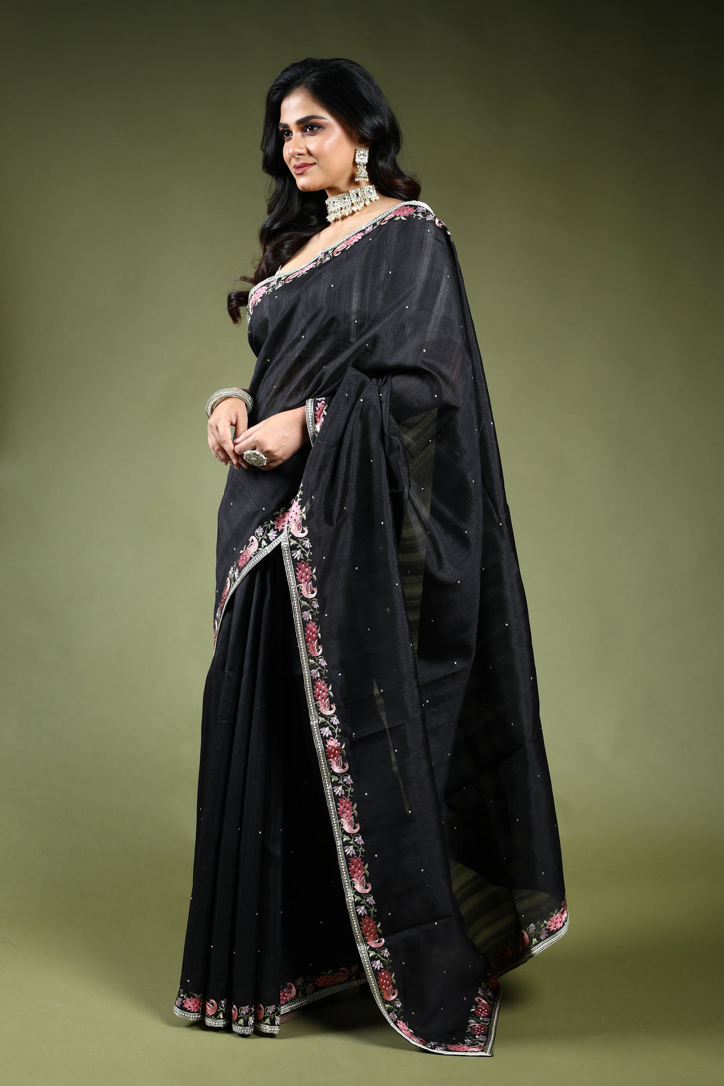 Black Semi Tussar Embroidery Saree with Blouse Piece