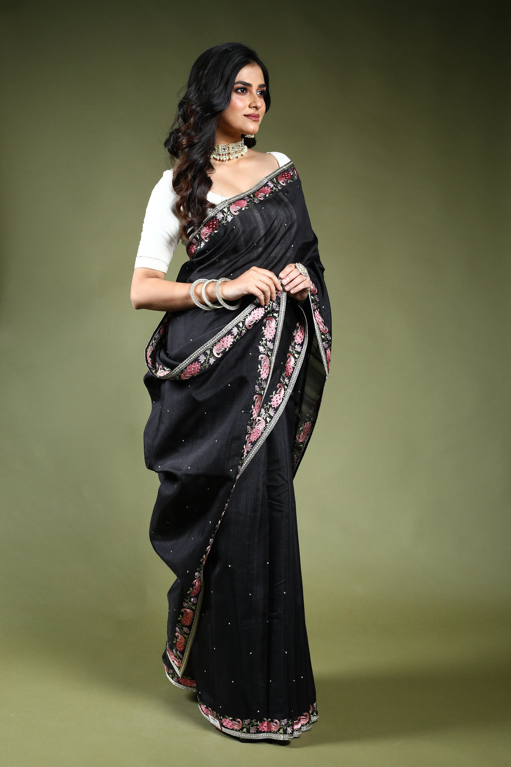 Black Semi Tussar Embroidery Saree with Blouse Piece