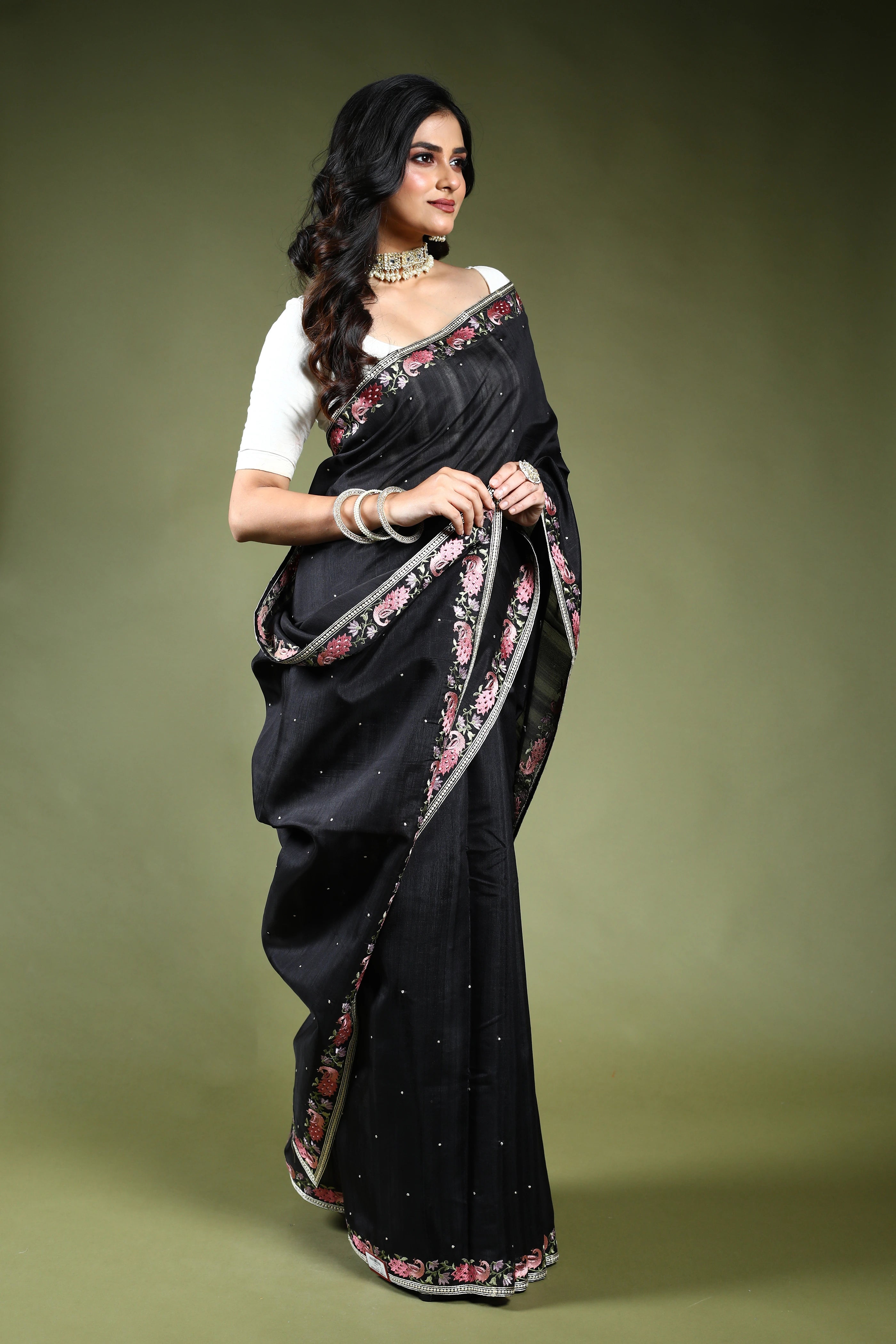 Black Semi Tussar Embroidery Saree with Blouse Piece