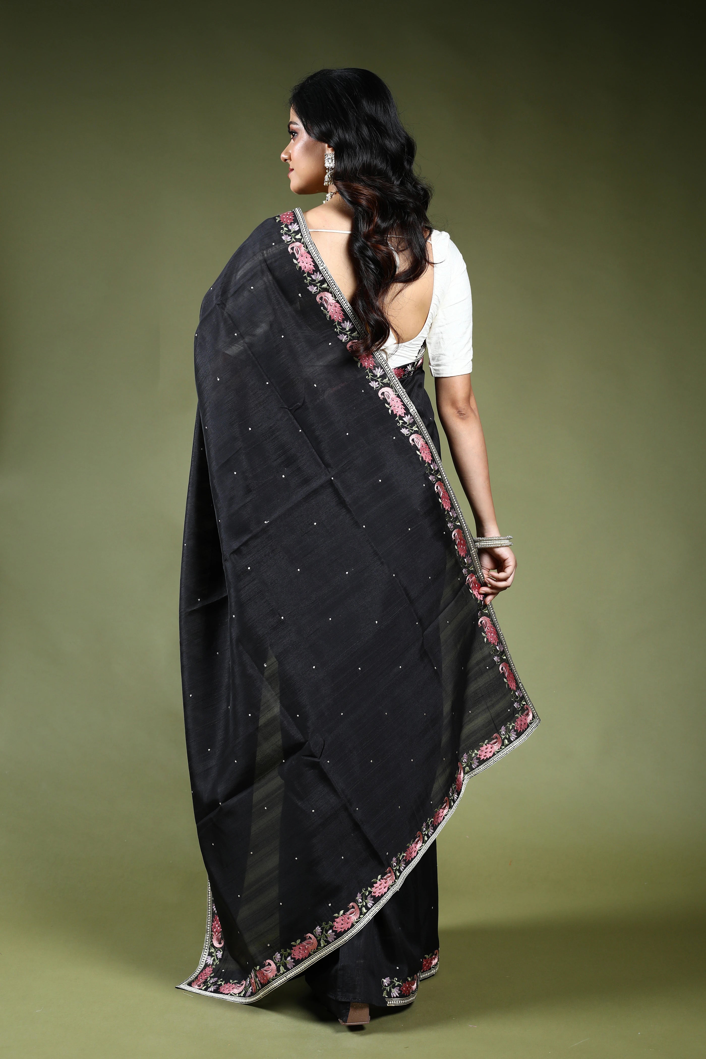 Black Semi Tussar Embroidery Saree with Blouse Piece
