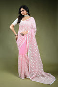 Baby Pink Resham Check Embroidery Saree with Blouse Piece