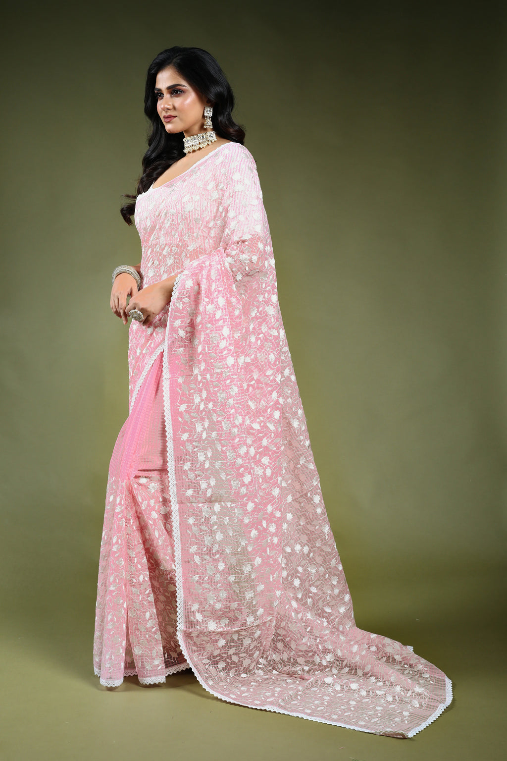 Baby Pink Resham Check Embroidery Saree with Blouse Piece