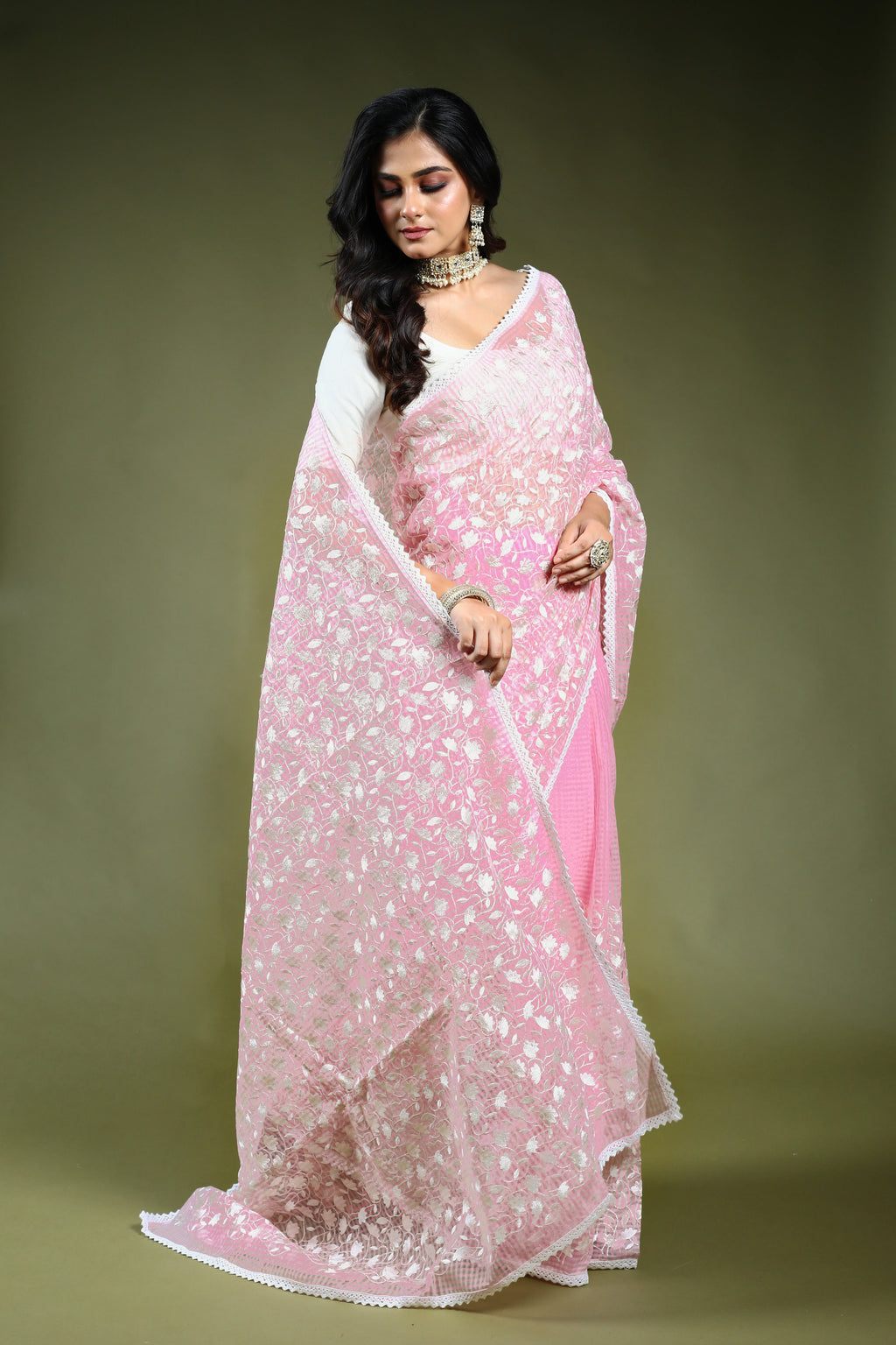 Baby Pink Resham Check Embroidery Saree with Blouse Piece
