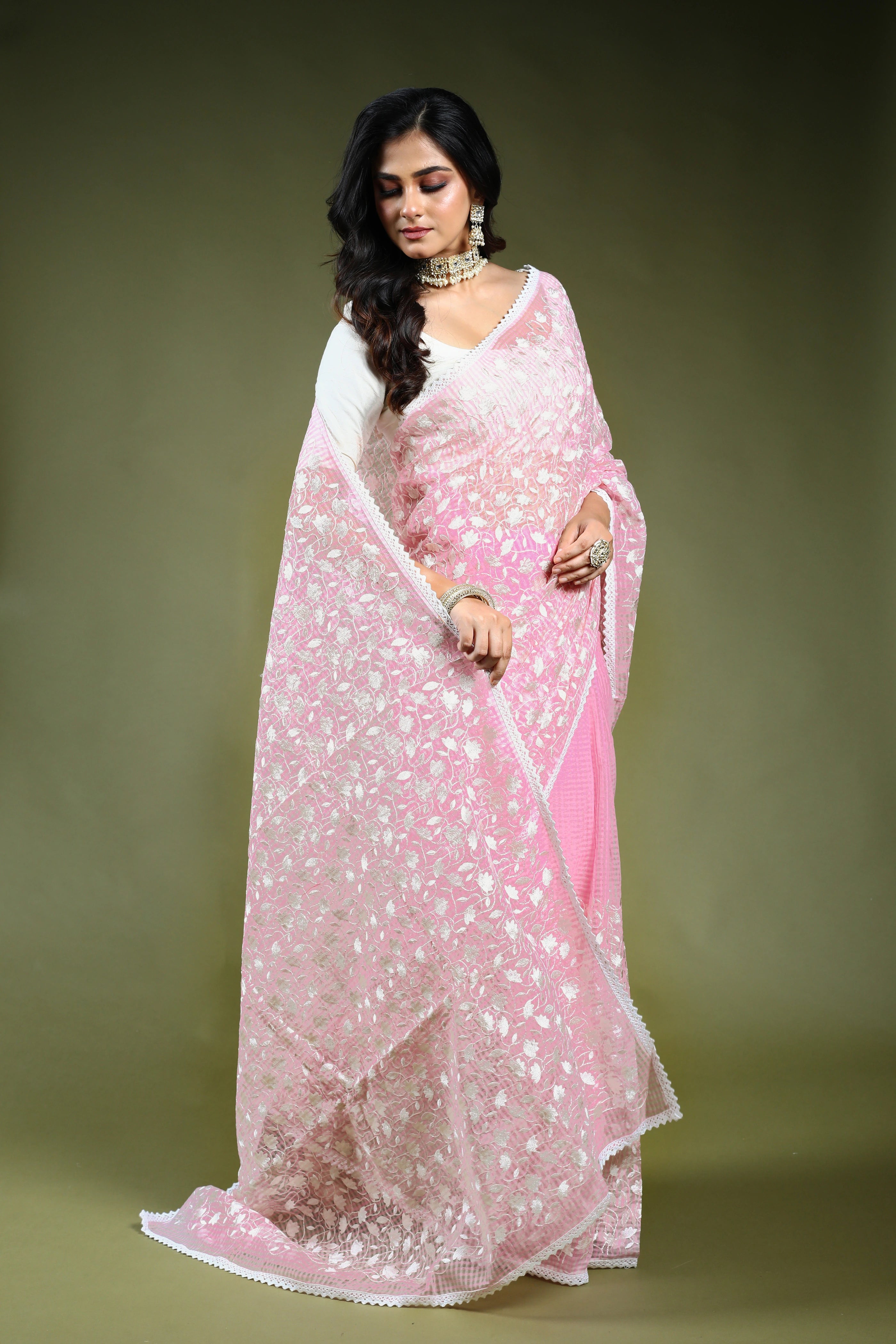 Baby Pink Resham Check Embroidery Saree with Blouse Piece
