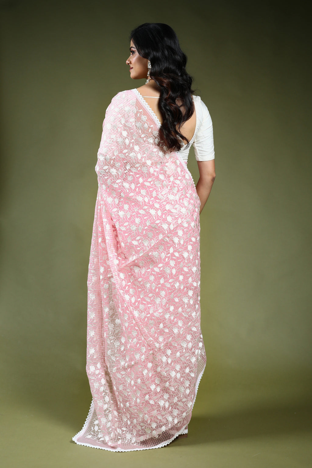 Baby Pink Resham Check Embroidery Saree with Blouse Piece