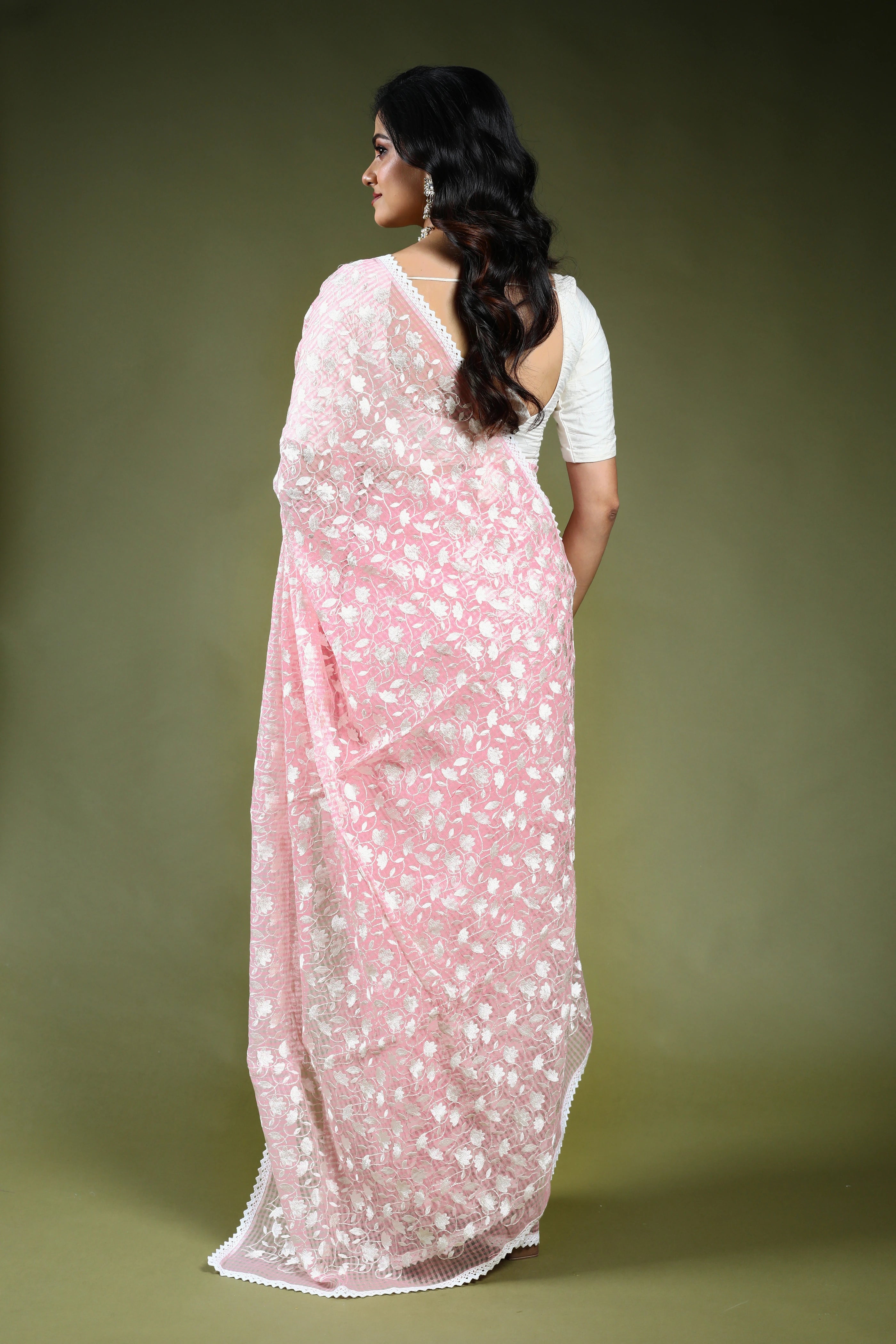 Baby Pink Resham Check Embroidery Saree with Blouse Piece