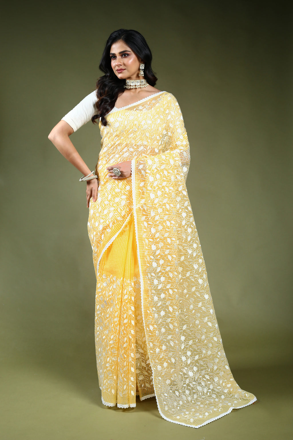 Butter Yellow Resham Check Embroidery Saree with Blouse Piece