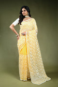 Butter Yellow Resham Check Embroidery Saree with Blouse Piece
