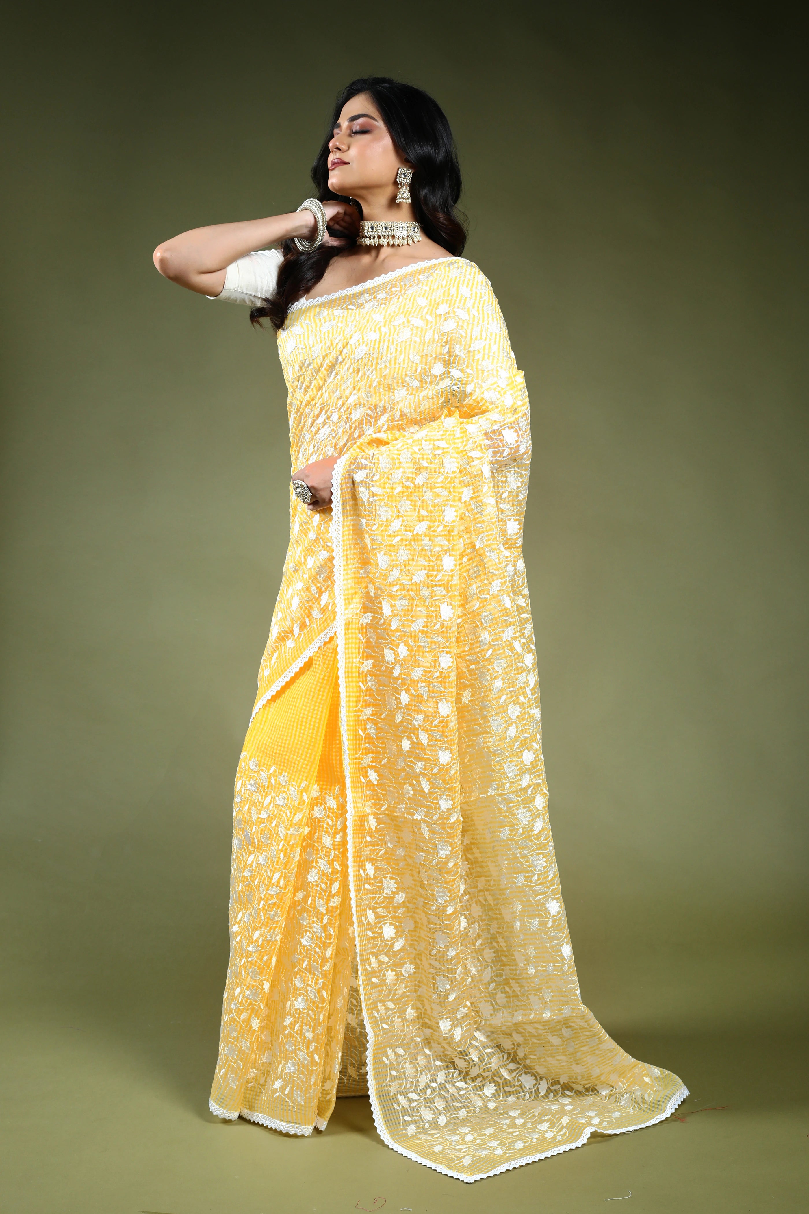 Butter Yellow Resham Check Embroidery Saree with Blouse Piece