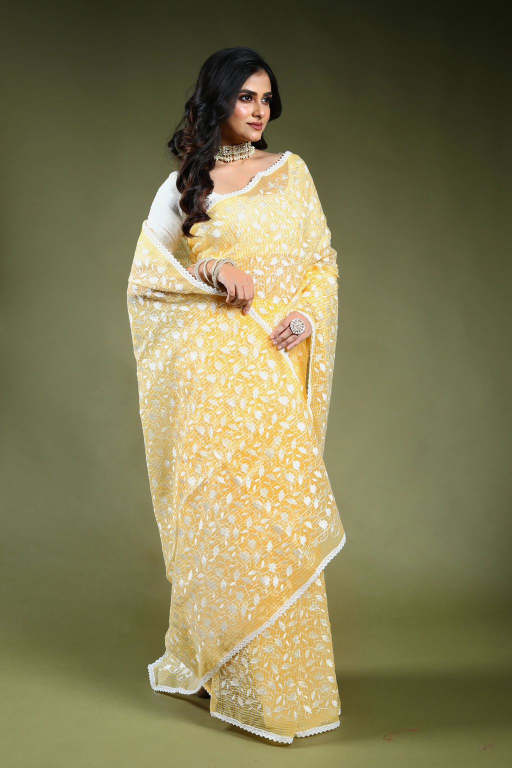 Butter Yellow Resham Check Embroidery Saree with Blouse Piece