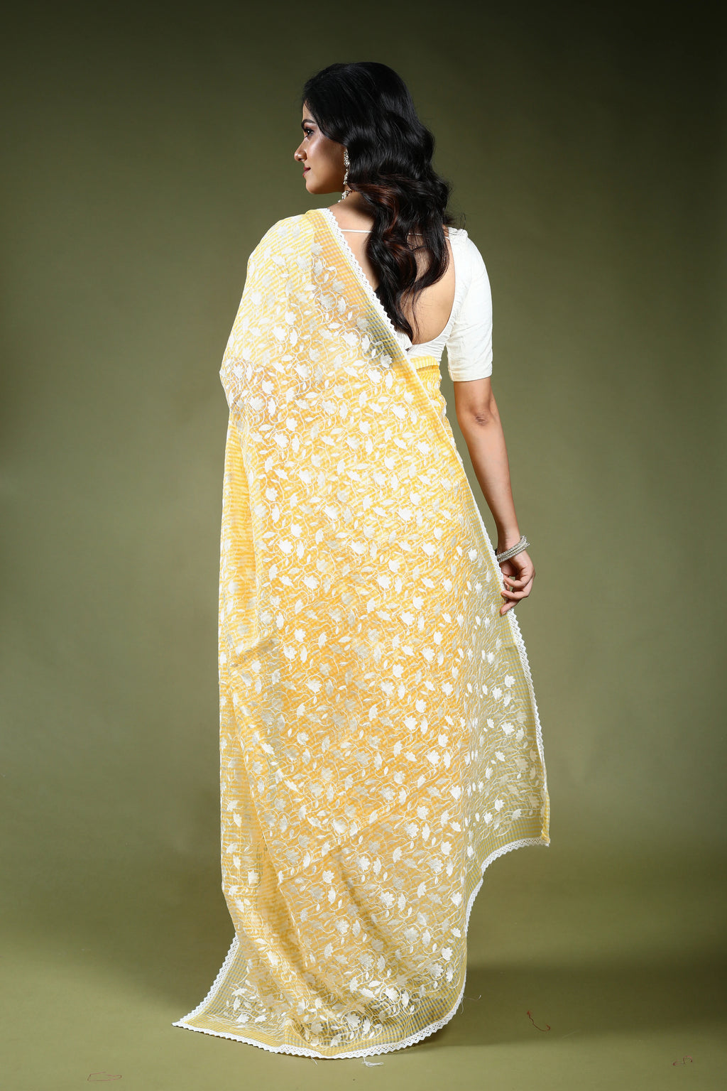 Butter Yellow Resham Check Embroidery Saree with Blouse Piece