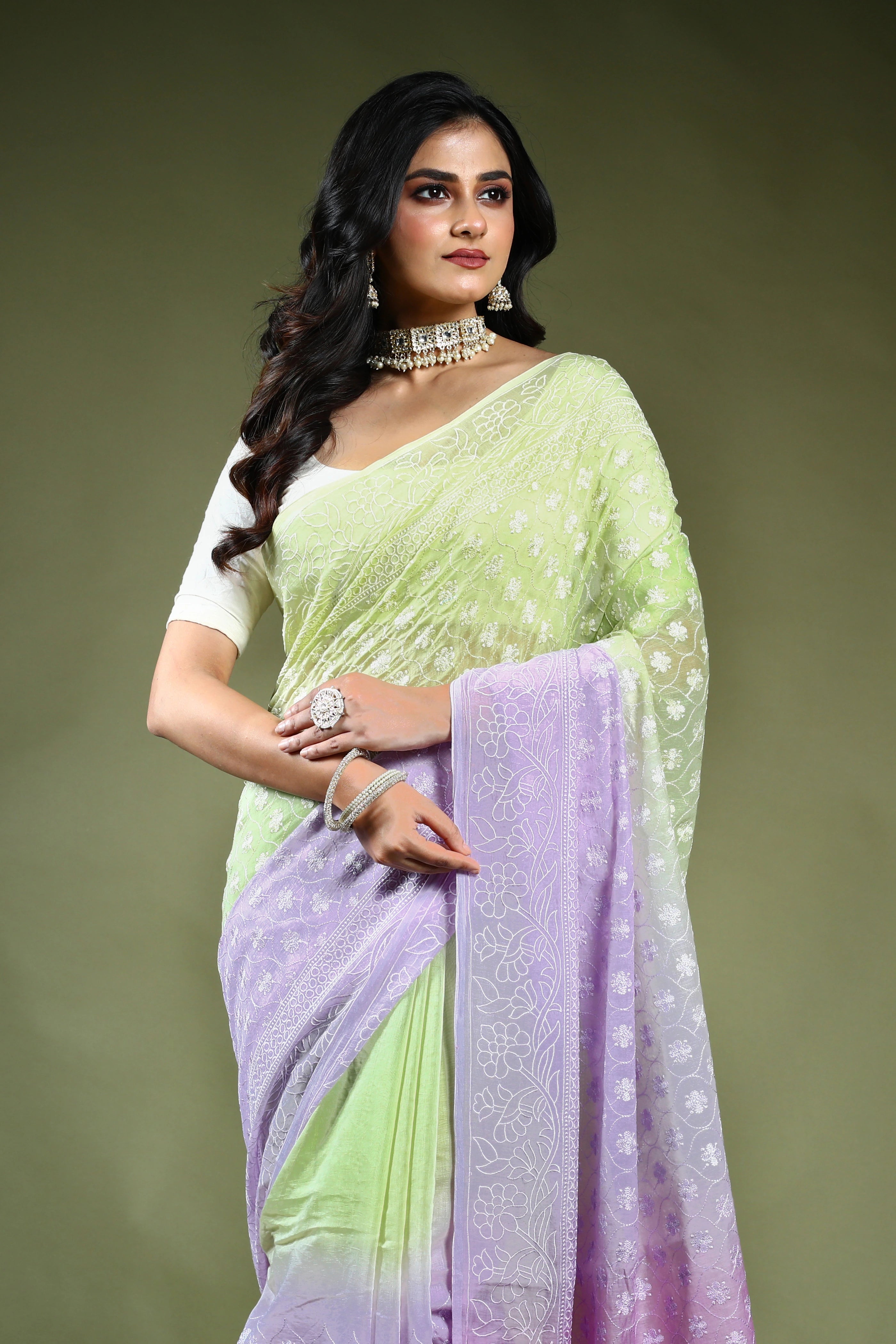 Cotton Chikankari Saree with Blouse Piece