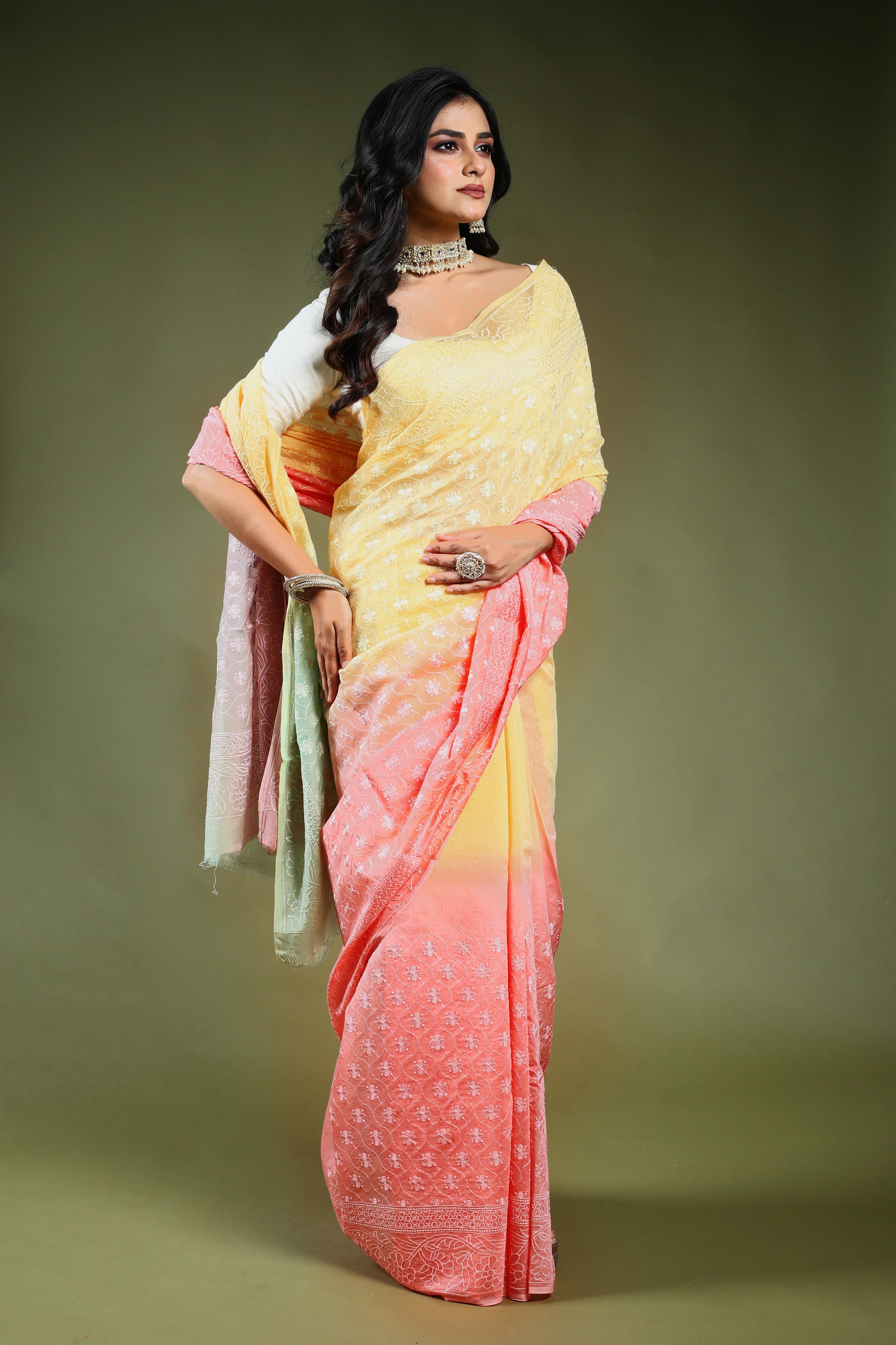 Cotton Chikankari Saree with Blouse Piece