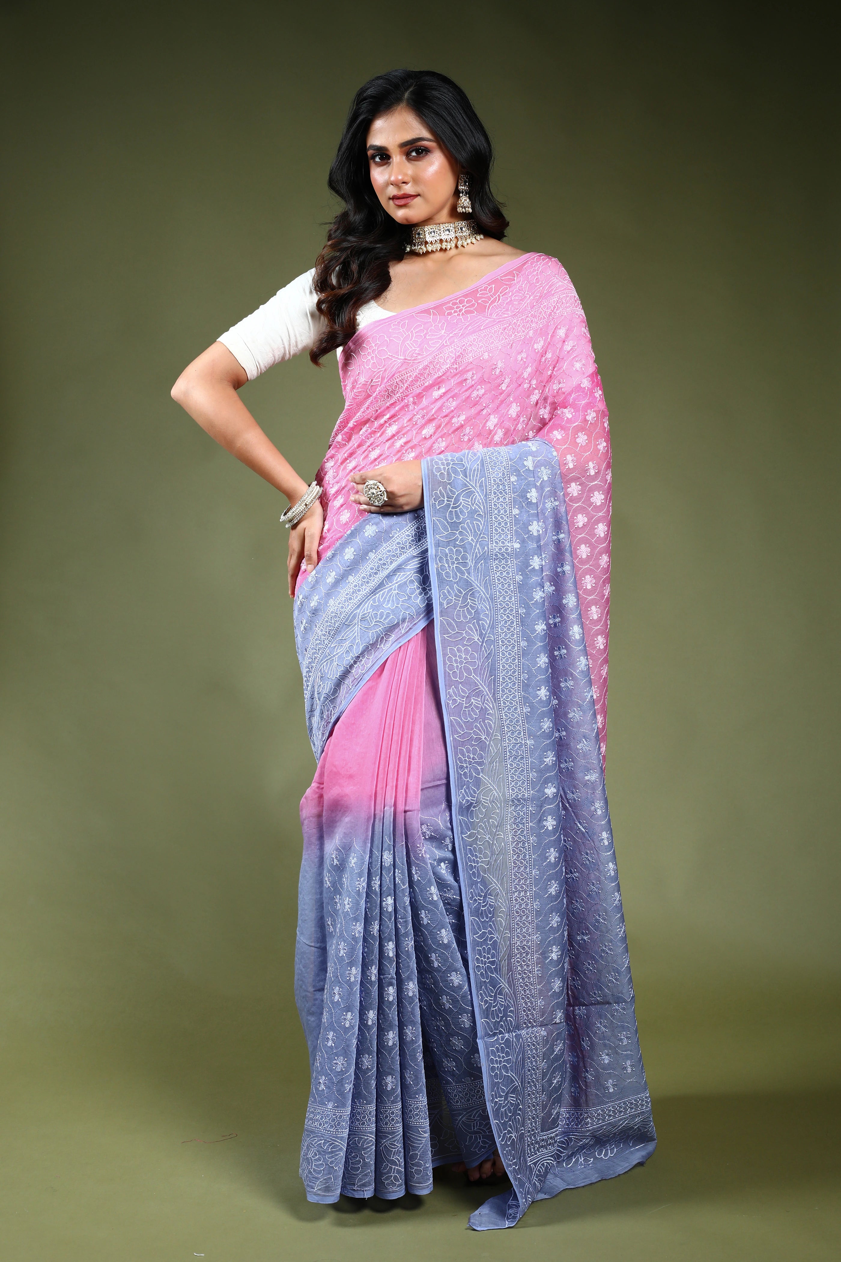 Cotton Chikankari Saree with Blouse Piece