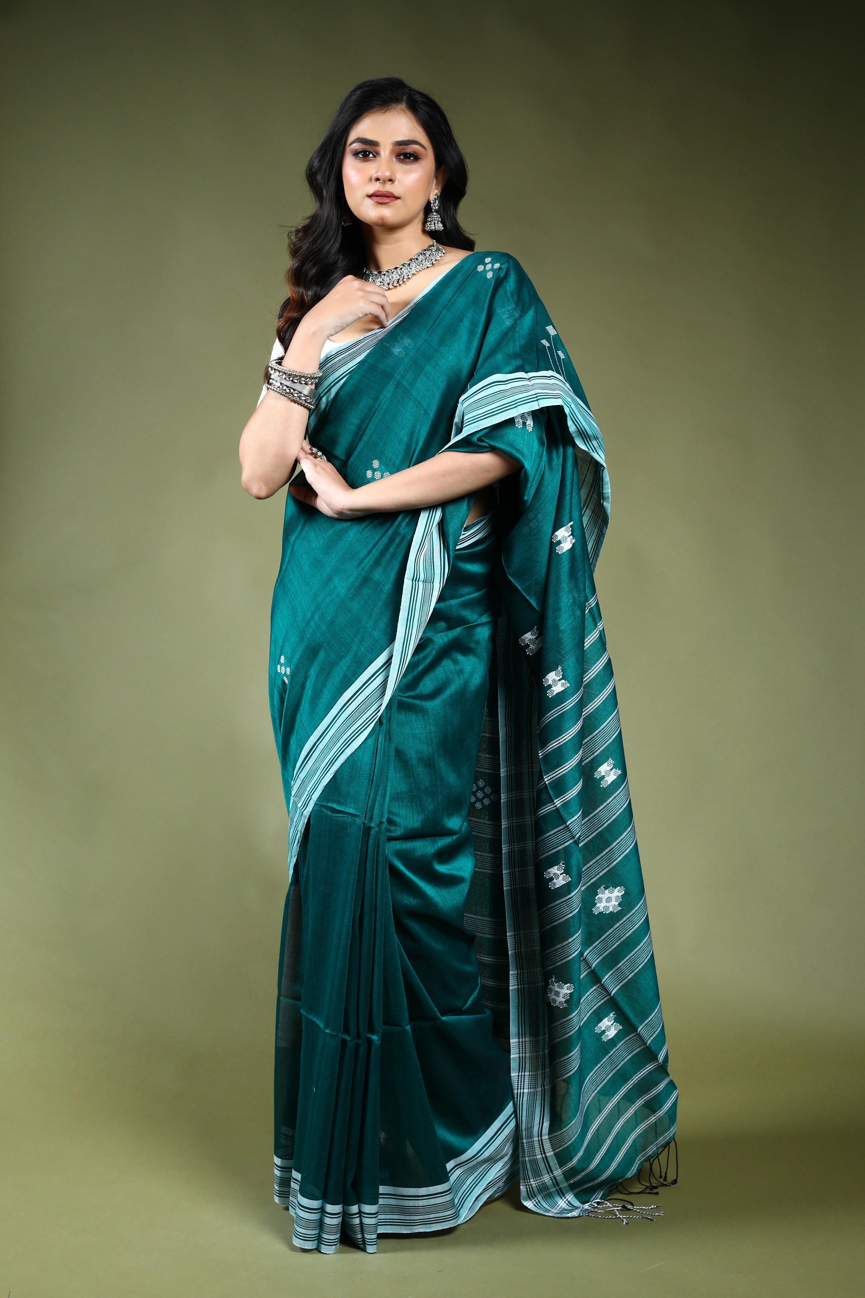 Pine Green  Cotton Saree with Blouse Piece