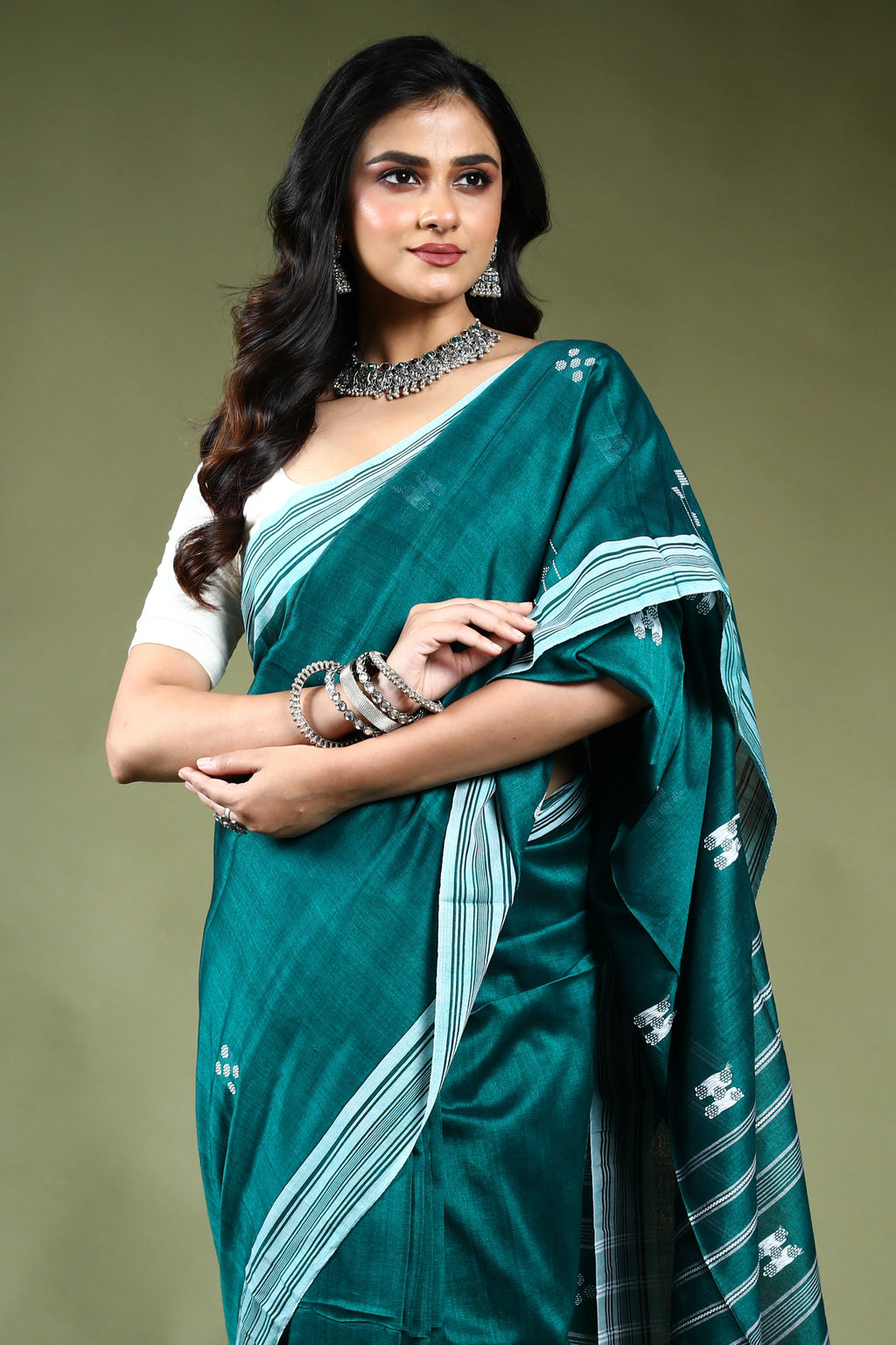 Pine Green  Cotton Saree with Blouse Piece