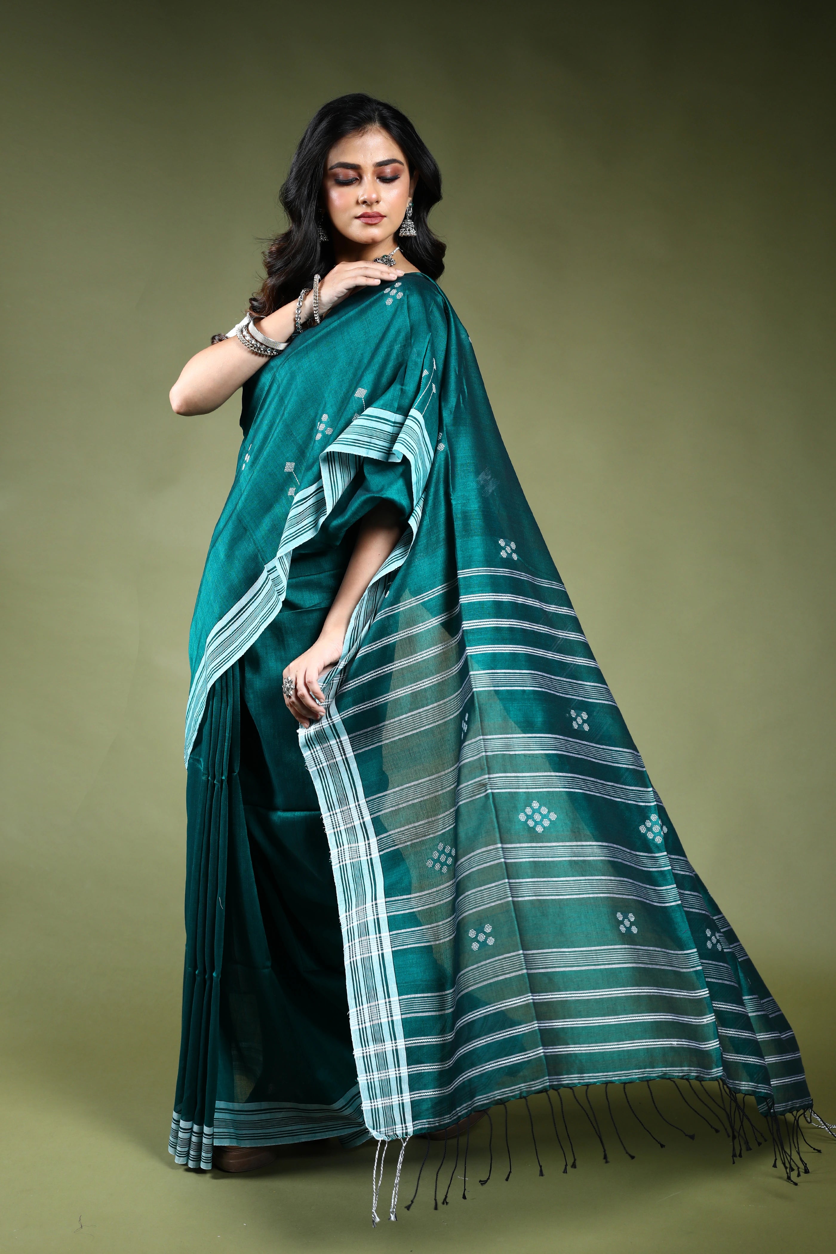 Pine Green  Cotton Saree with Blouse Piece
