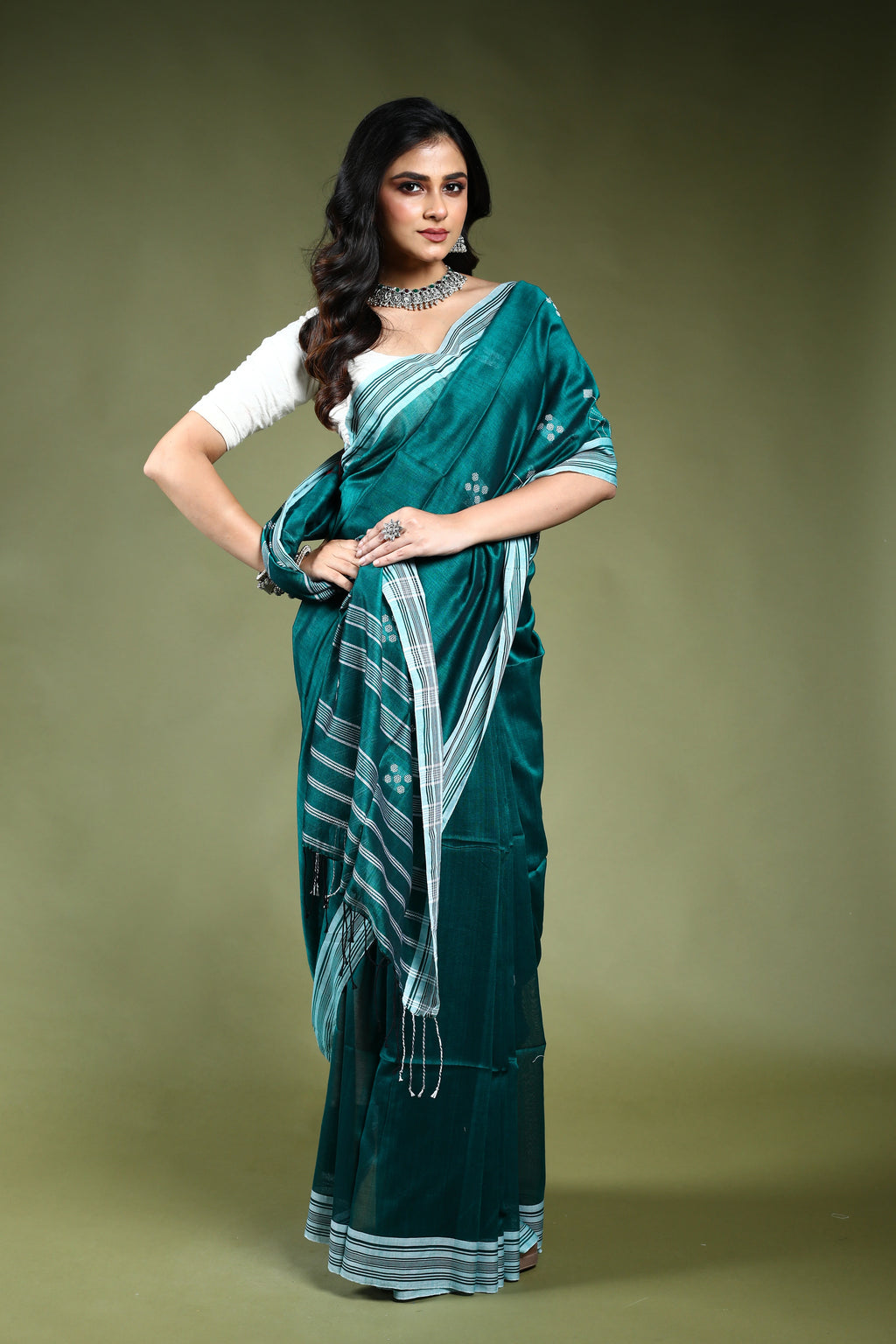 Pine Green  Cotton Saree with Blouse Piece