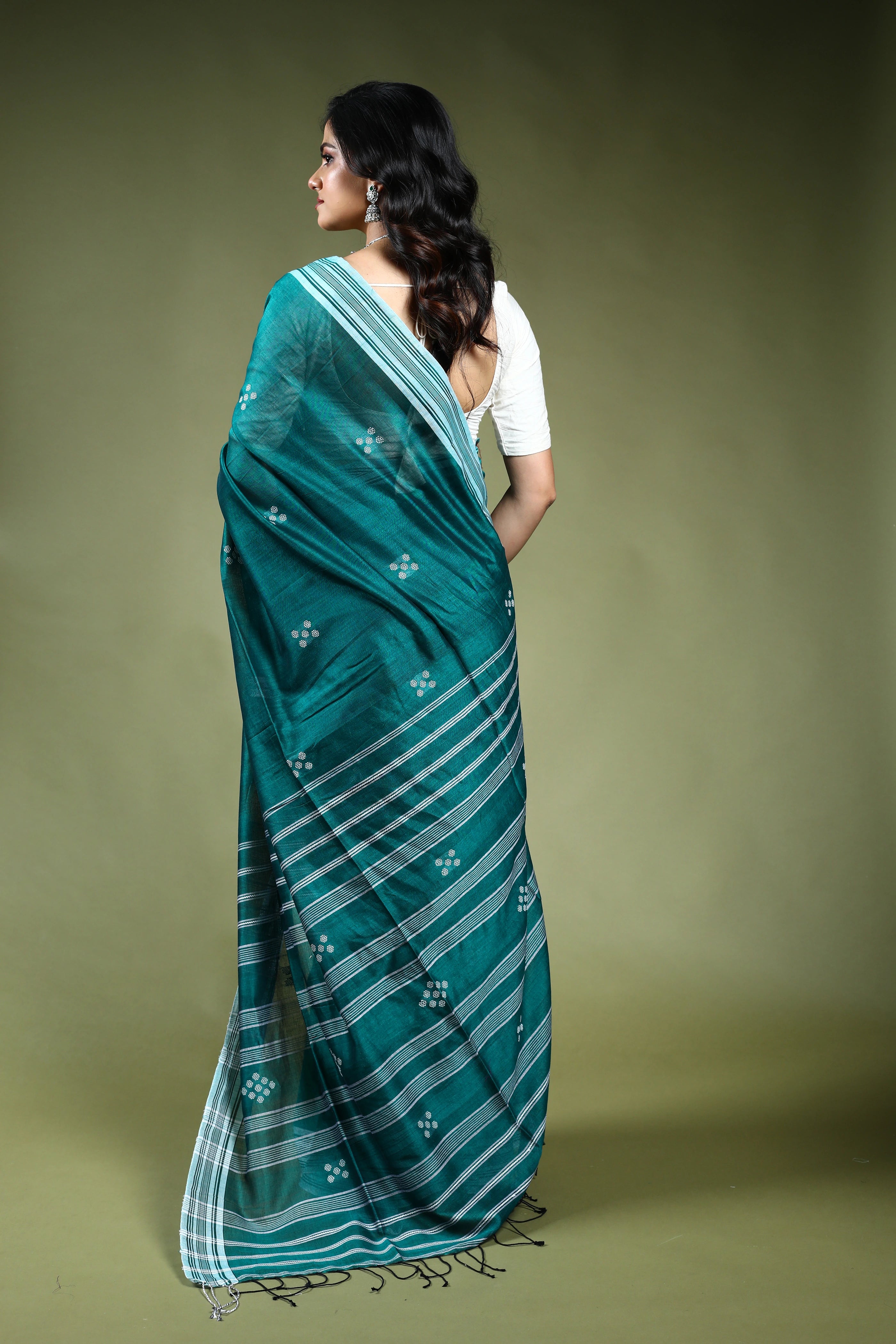 Pine Green  Cotton Saree with Blouse Piece