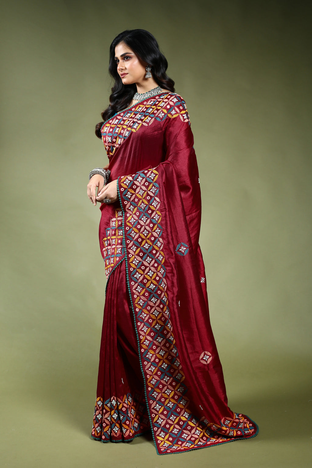 Maroon Silk Gujarati Saree with Blouse Piece