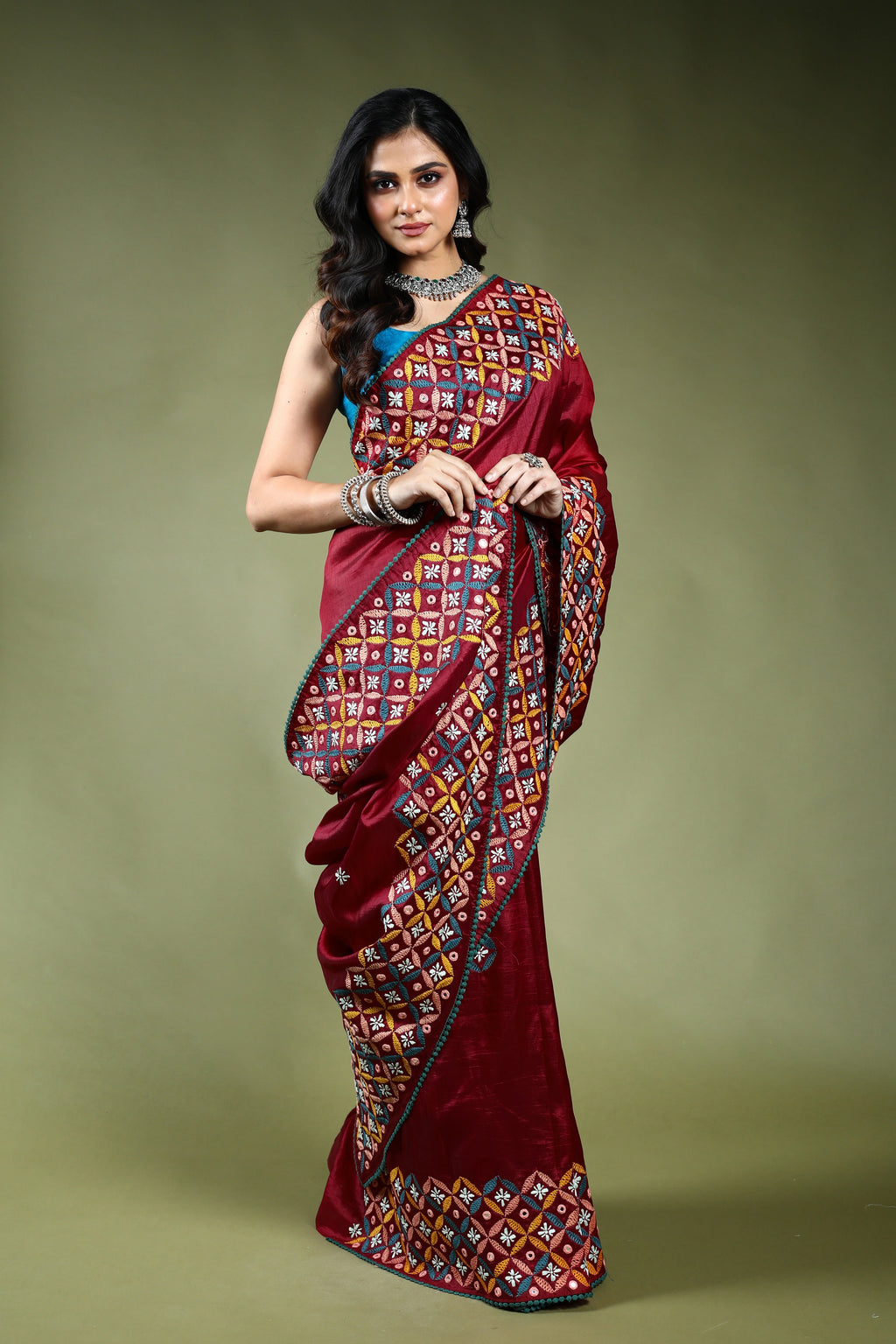 Maroon Silk Gujarati Saree with Blouse Piece