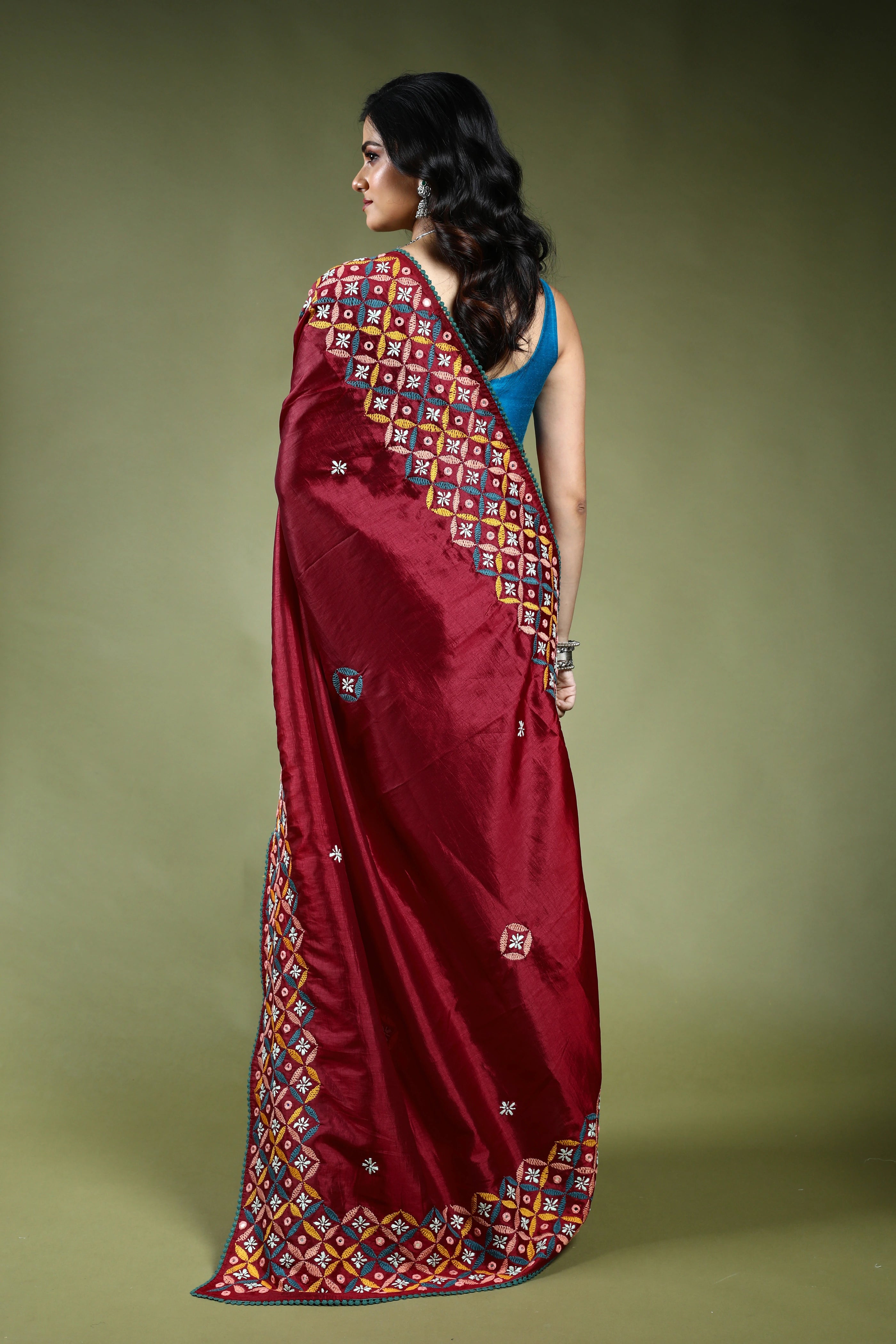 Maroon Silk Gujarati Saree with Blouse Piece