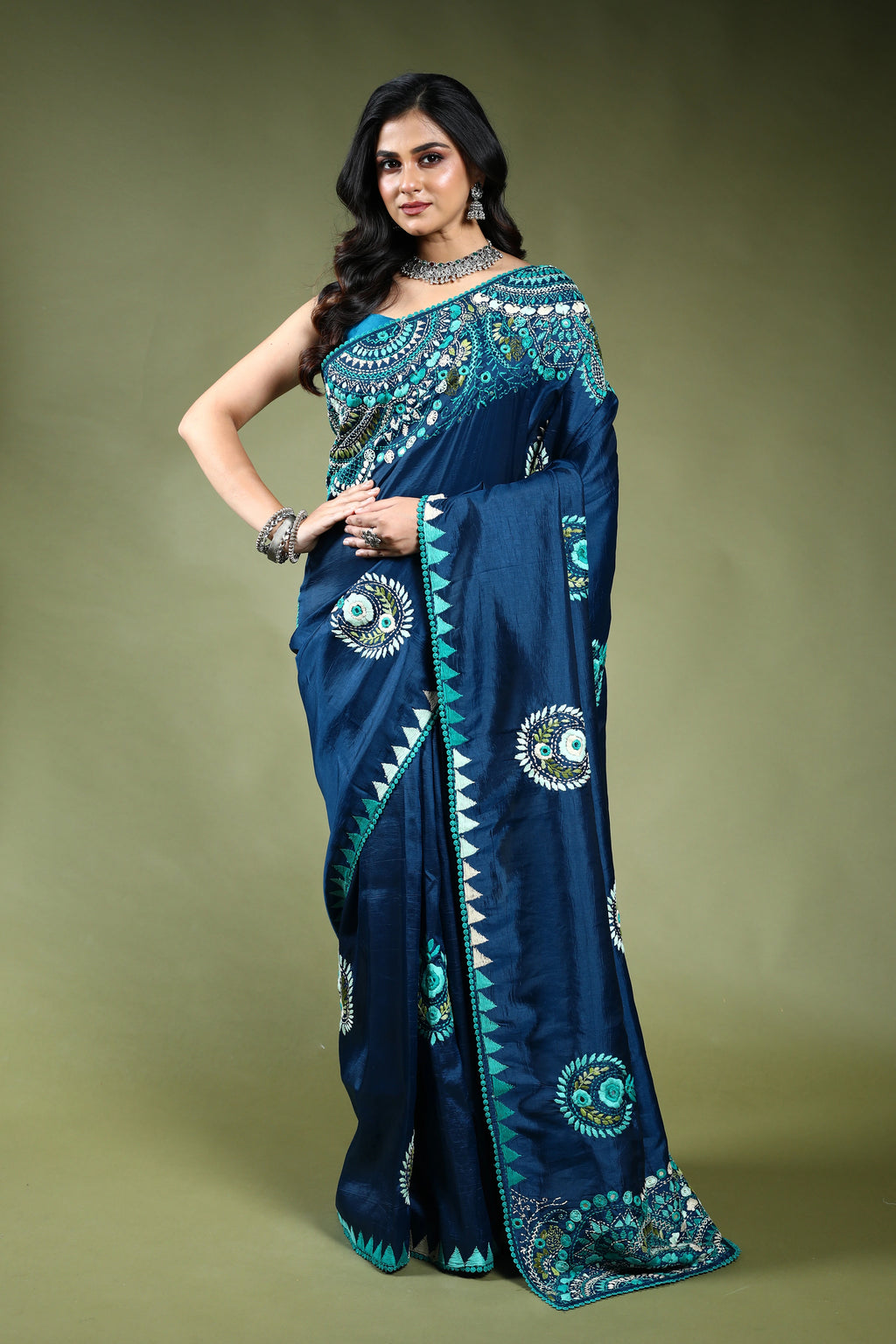 Indigo Blue Semi Silk Fusion Saree with Blouse Piece