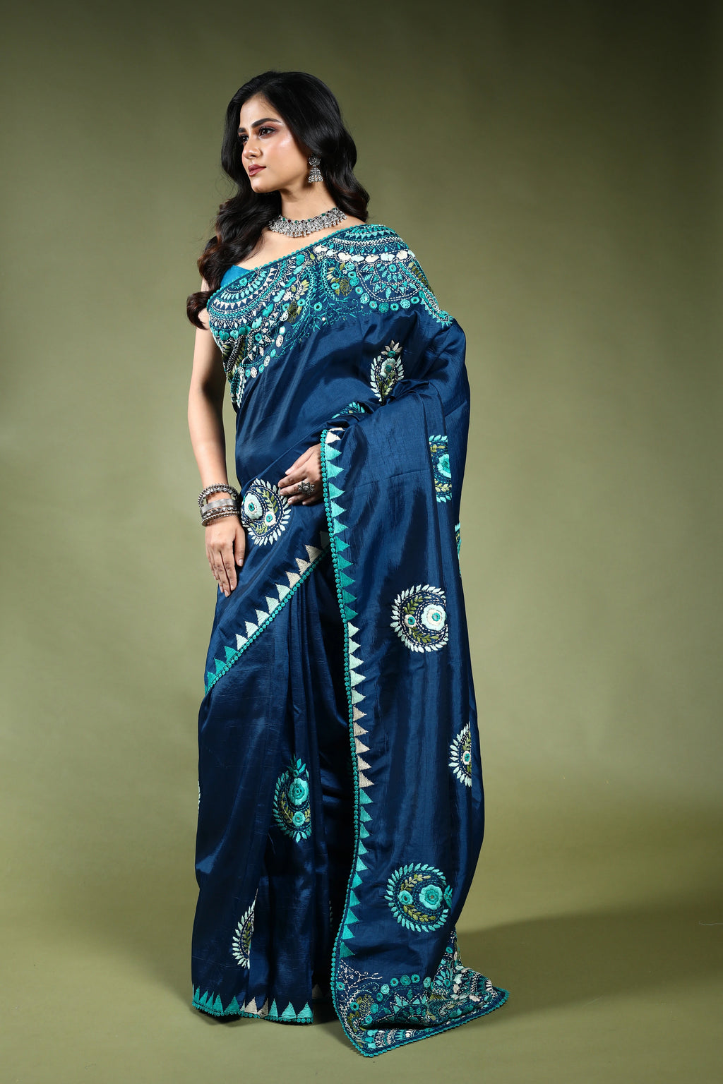 Indigo Blue Semi Silk Fusion Saree with Blouse Piece