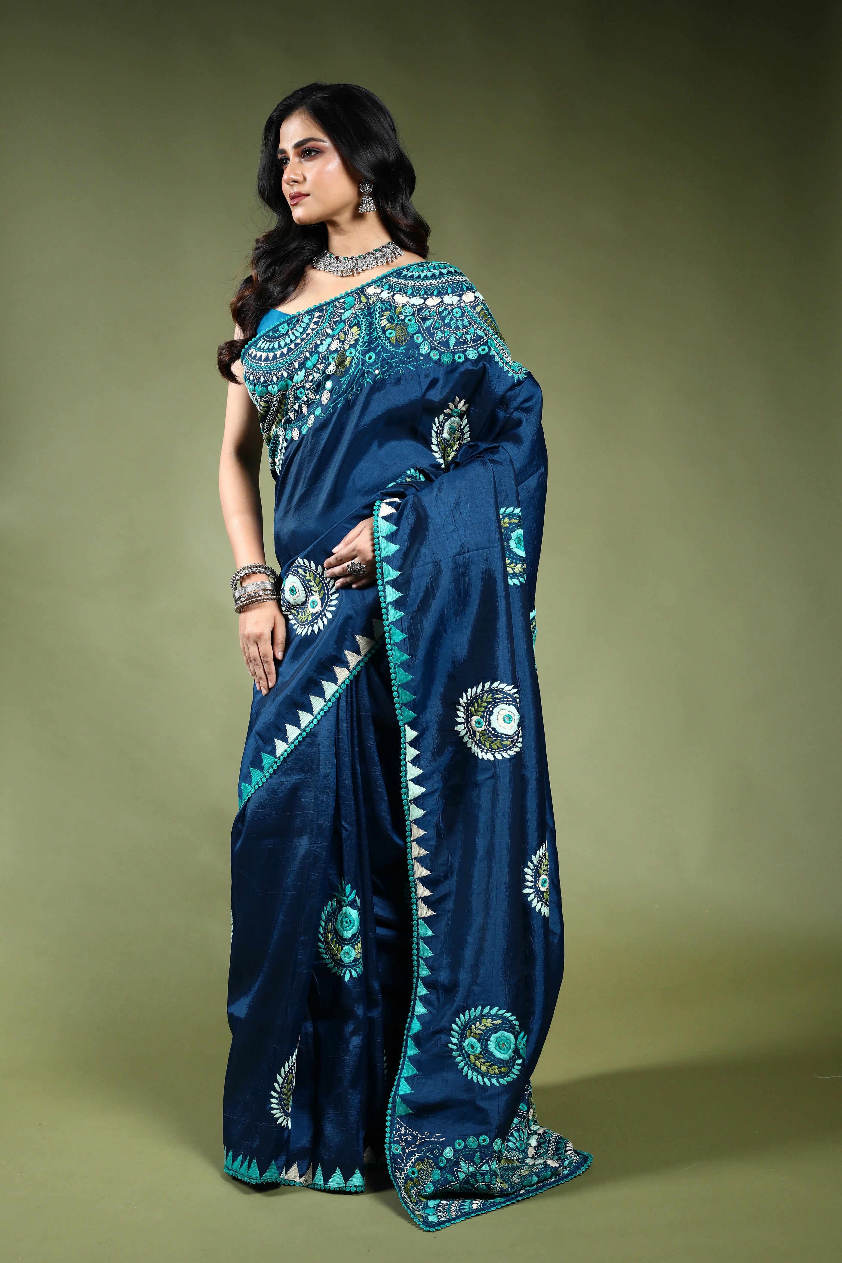 Indigo Blue Semi Silk Fusion Saree with Blouse Piece
