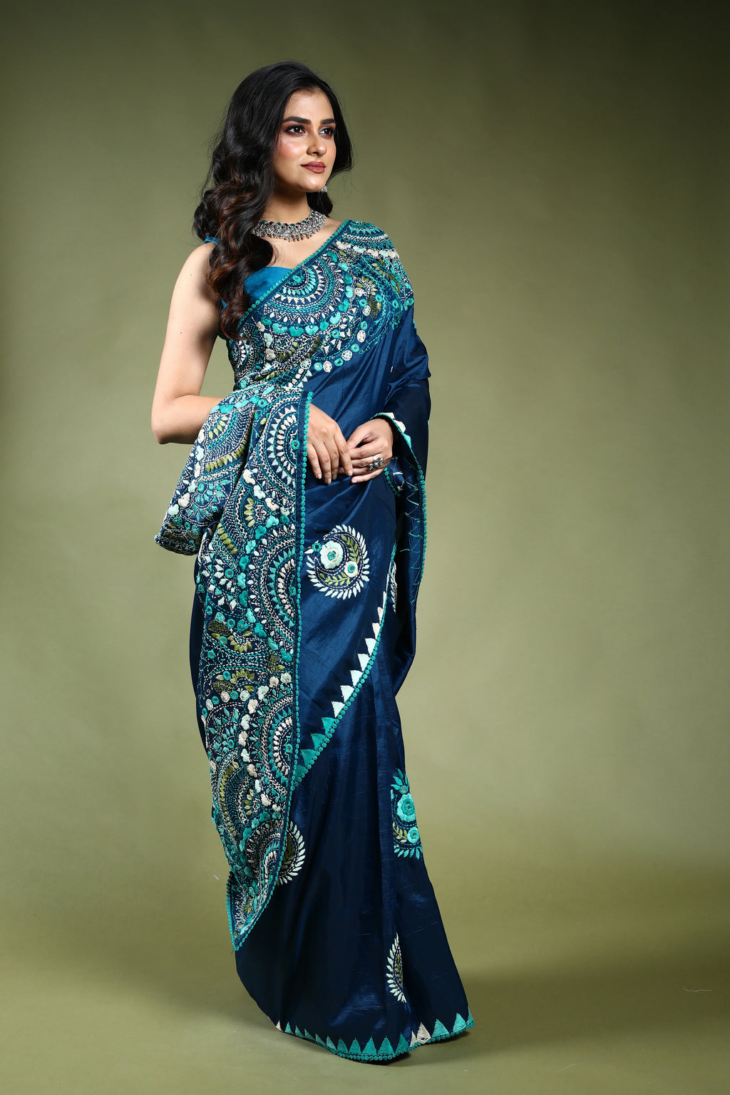 Indigo Blue Semi Silk Fusion Saree with Blouse Piece