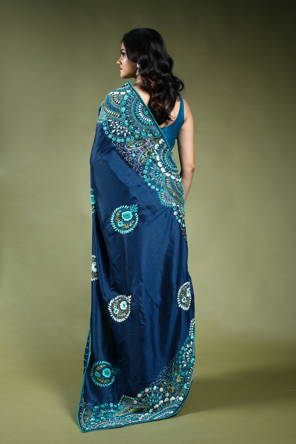Indigo Blue Semi Silk Fusion Saree with Blouse Piece