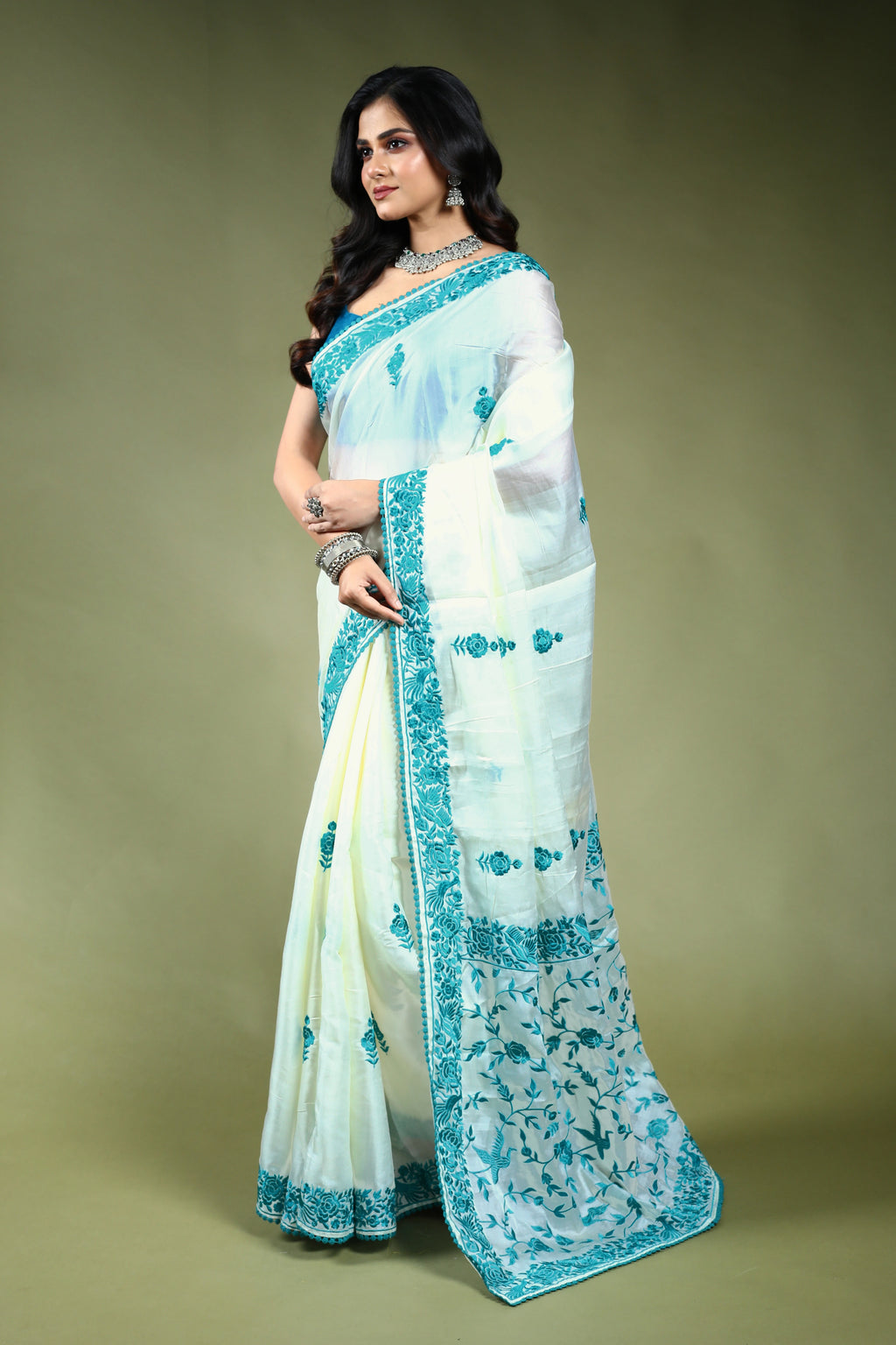 White Semi Silk Parsi Saree with Blouse Piece