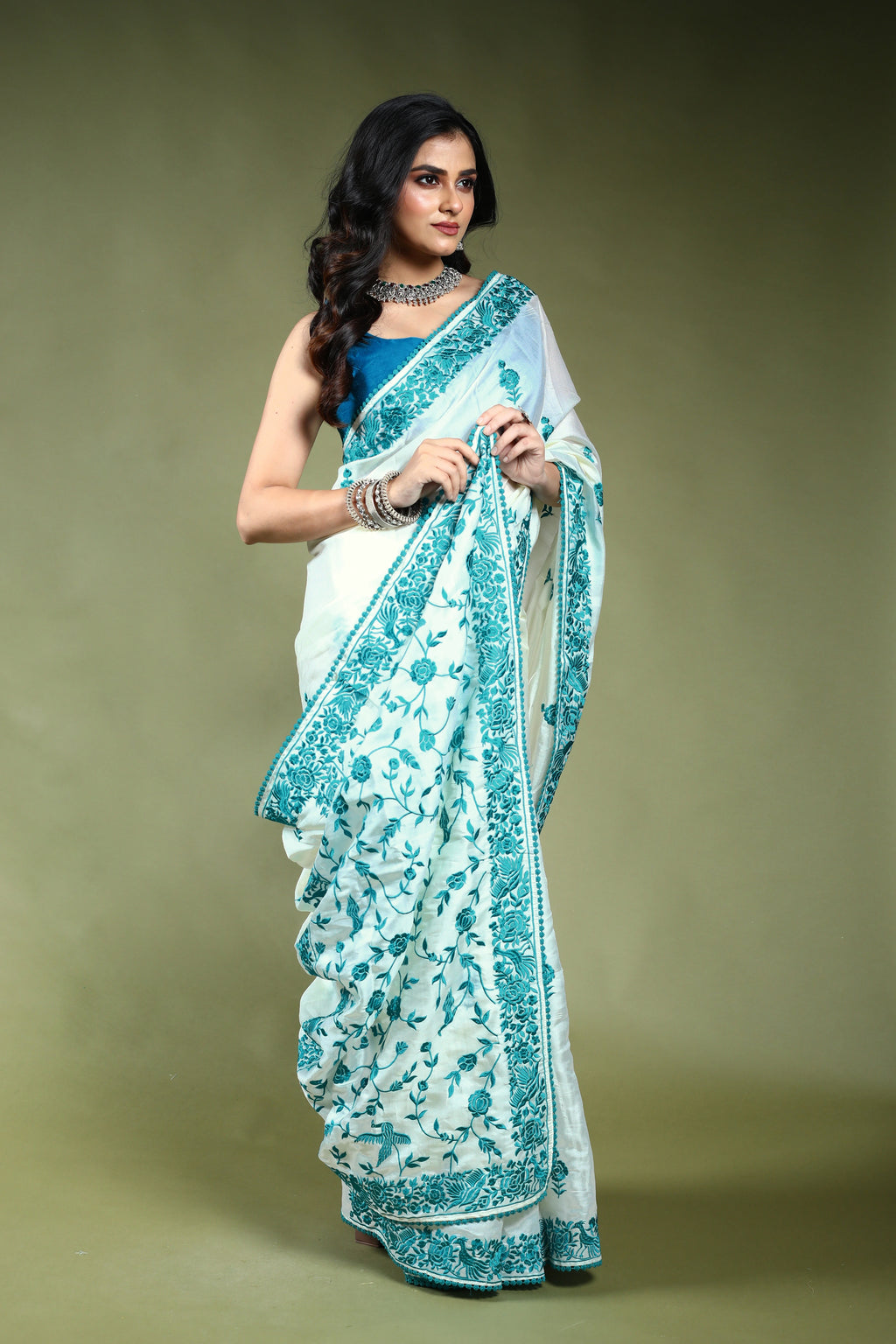 White Semi Silk Parsi Saree with Blouse Piece