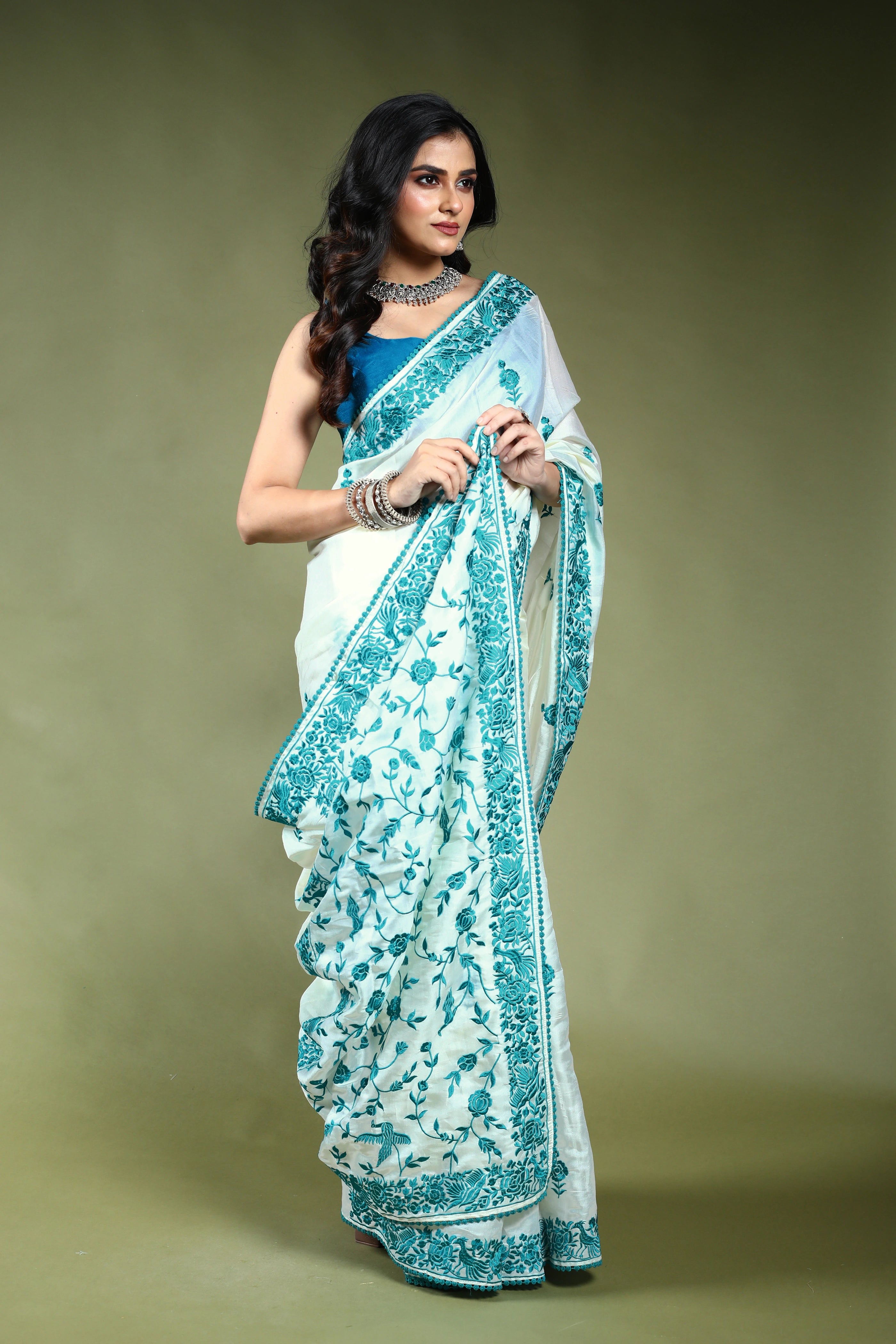 White Semi Silk Parsi Saree with Blouse Piece