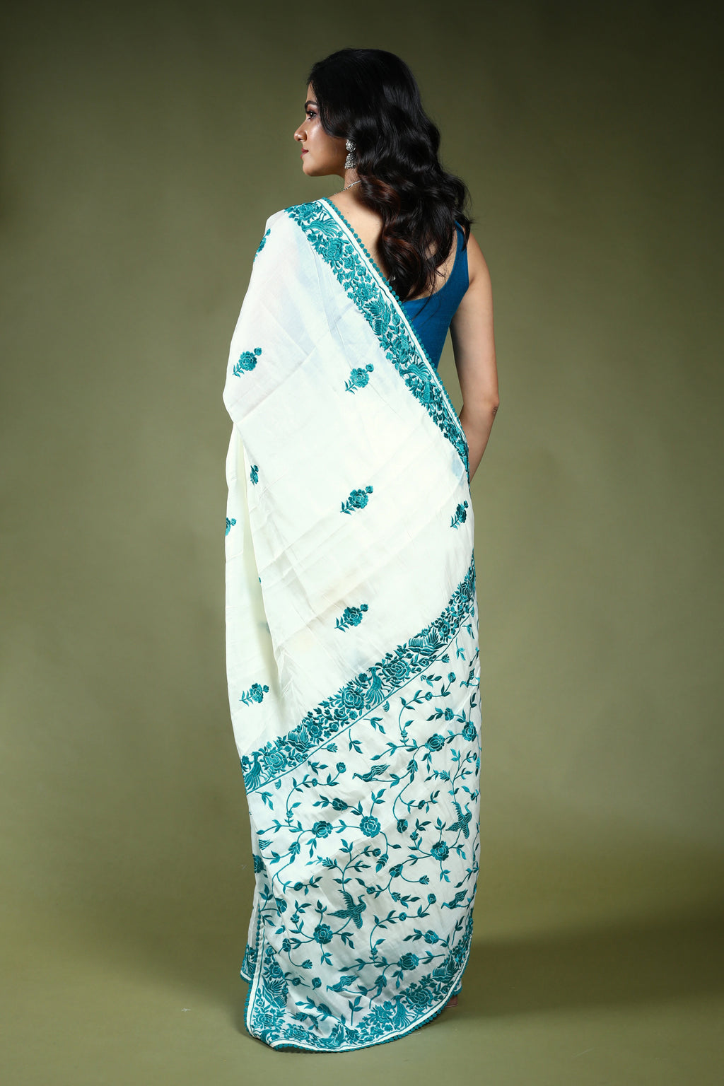 White Semi Silk Parsi Saree with Blouse Piece