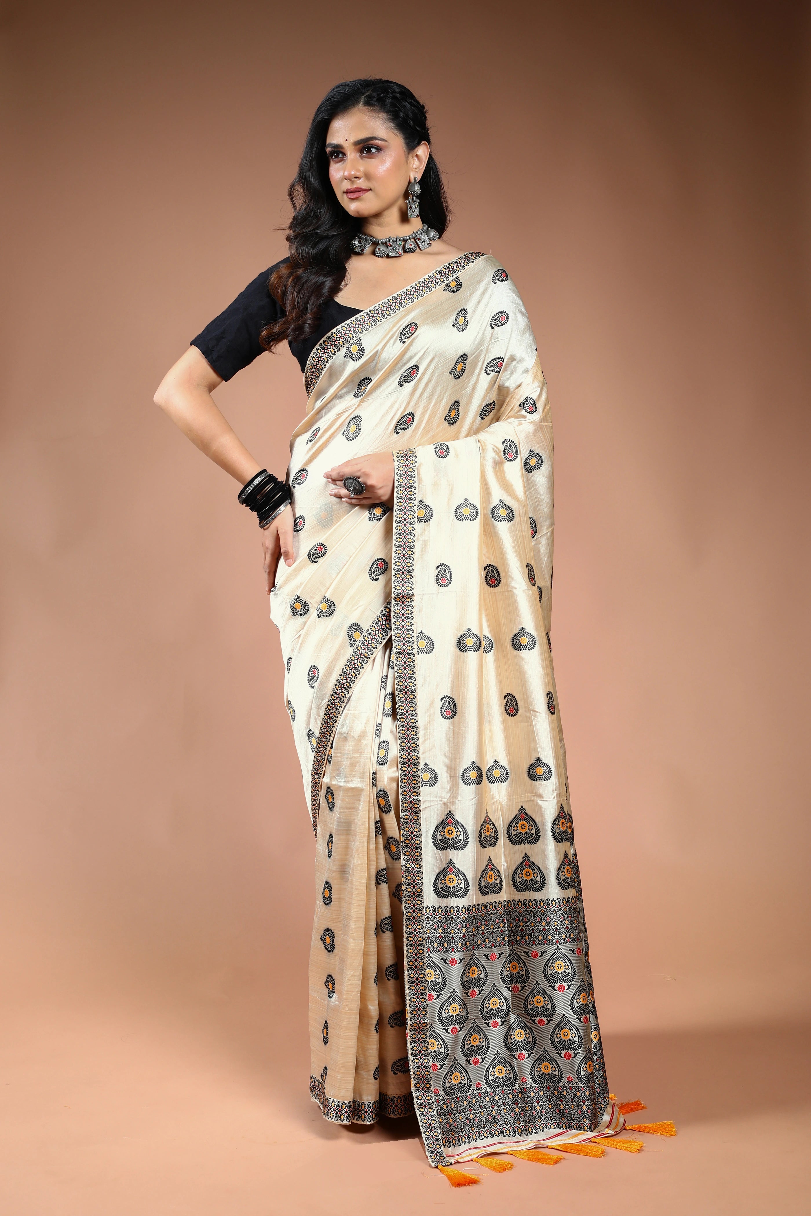 Offwhite Black Semi Assam Silk Saree with Blouse Piece