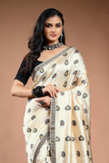 Offwhite Black Semi Assam Silk Saree with Blouse Piece