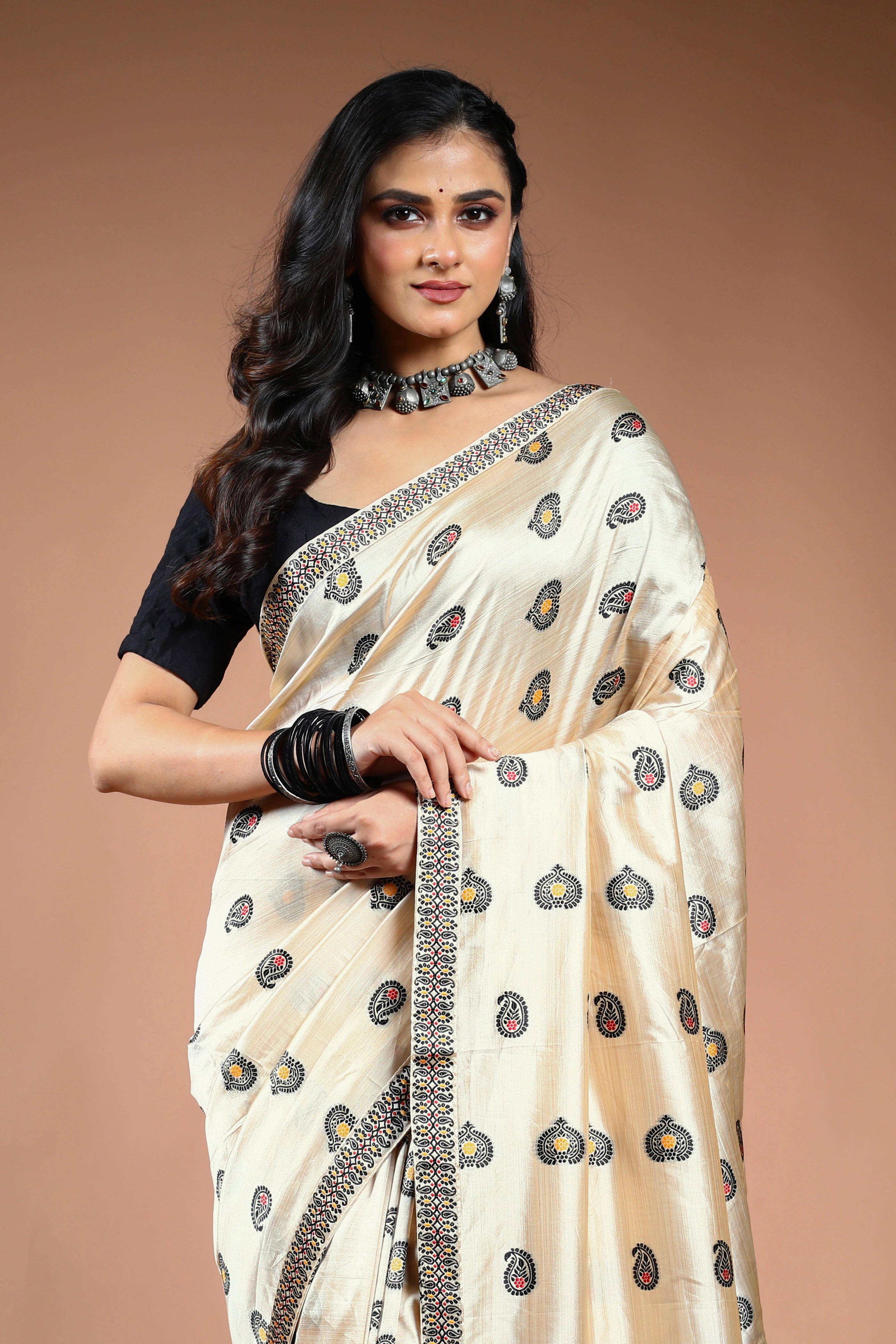 Offwhite Black Semi Assam Silk Saree with Blouse Piece
