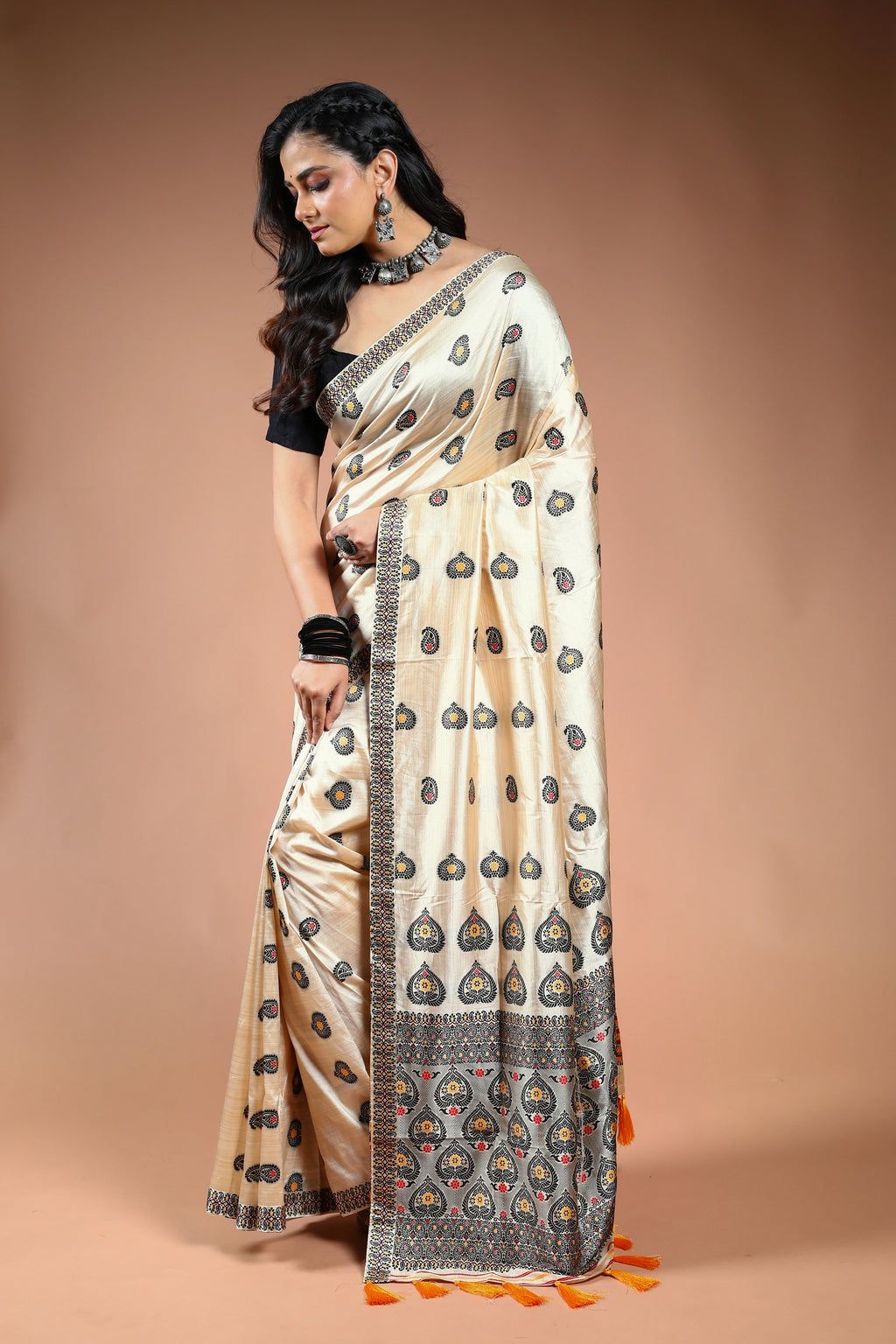 Offwhite Black Semi Assam Silk Saree with Blouse Piece