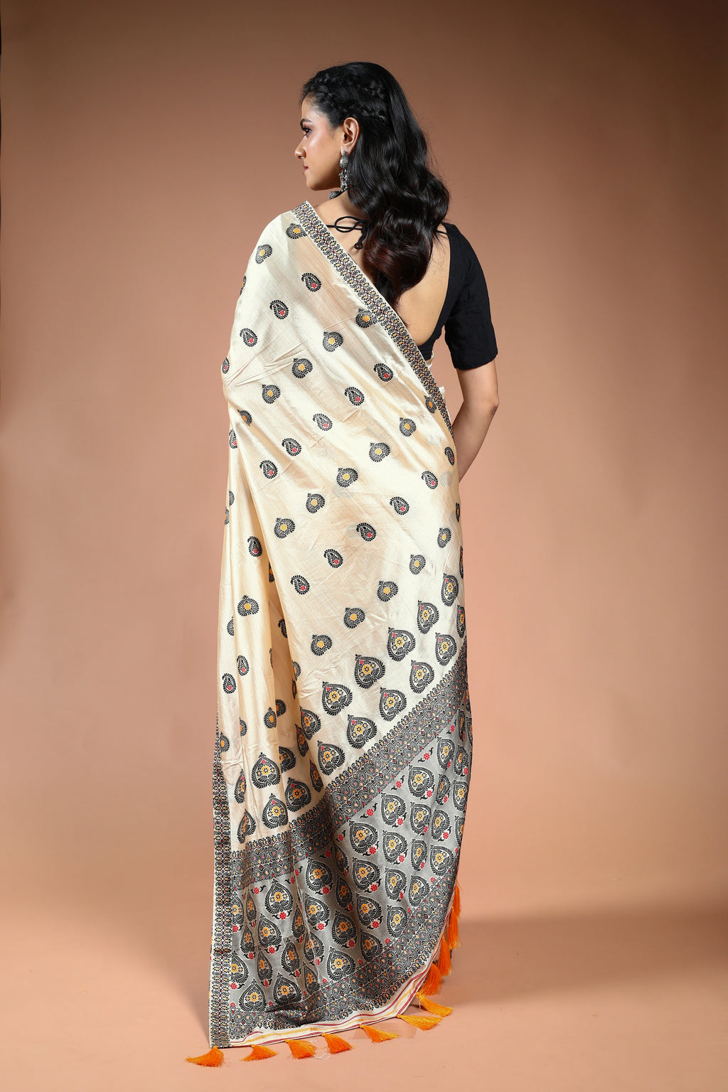 Offwhite Black Semi Assam Silk Saree with Blouse Piece