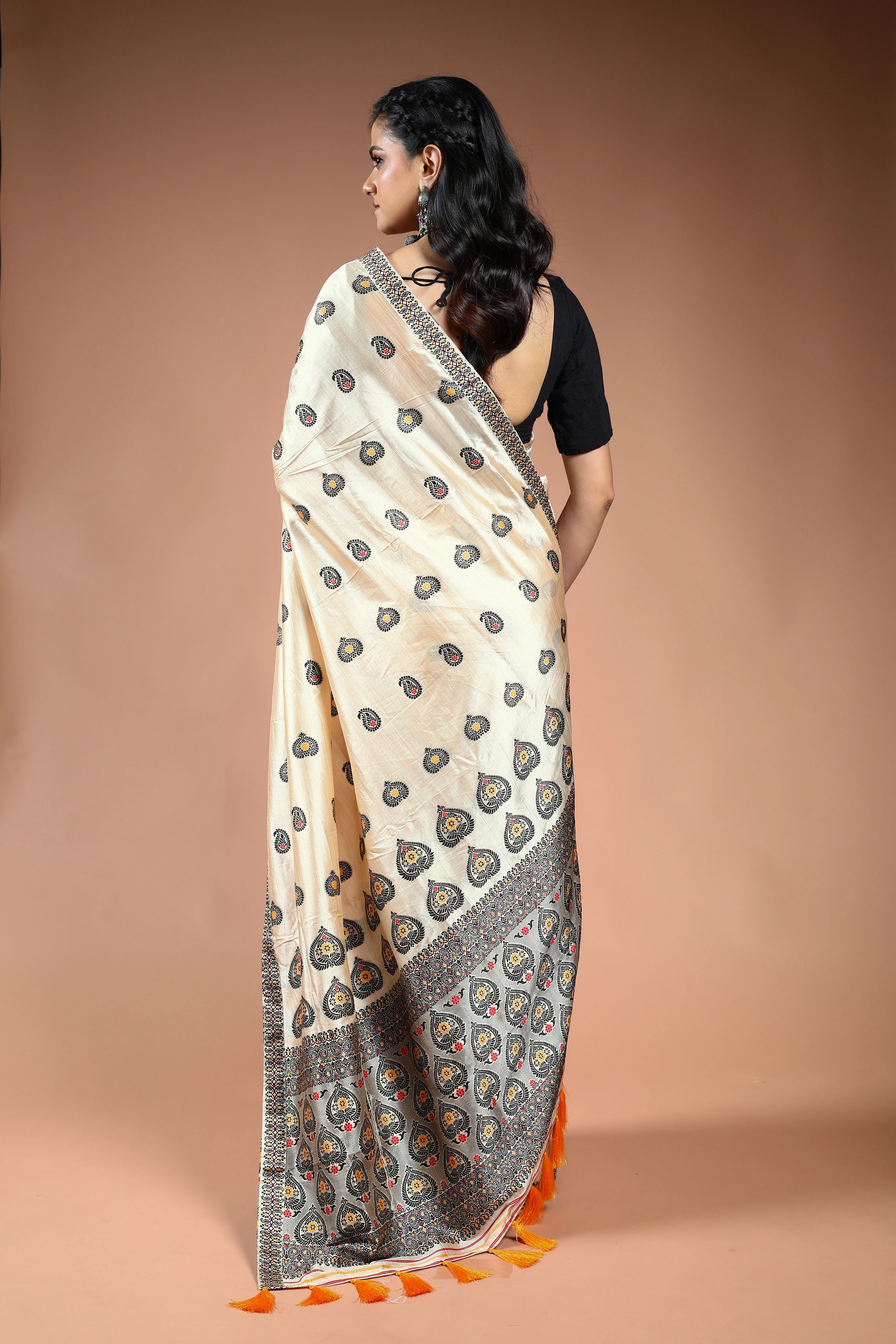 Offwhite Black Semi Assam Silk Saree with Blouse Piece