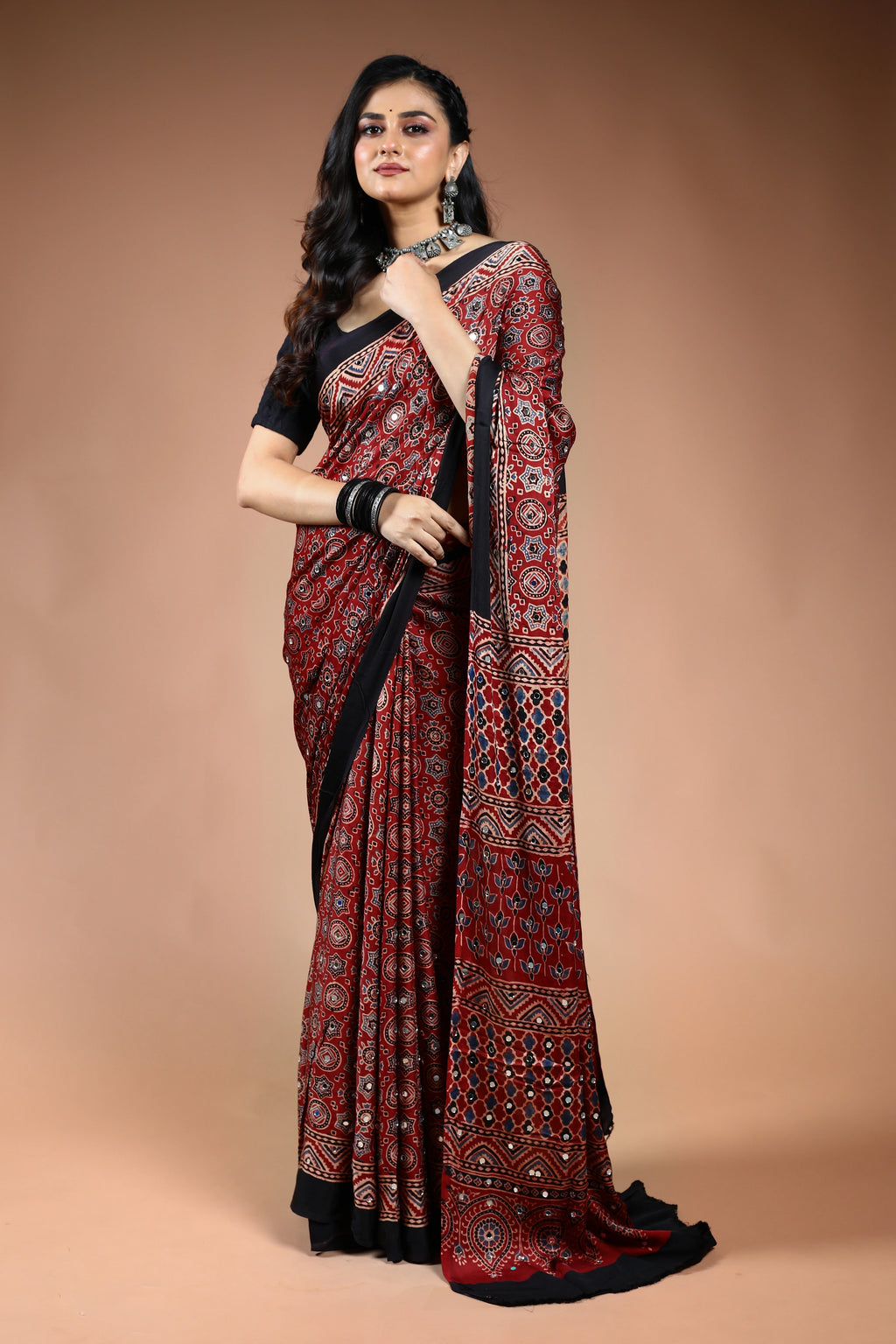 Maroon Ajrakh Modal Silk Saree with Blouse Piece