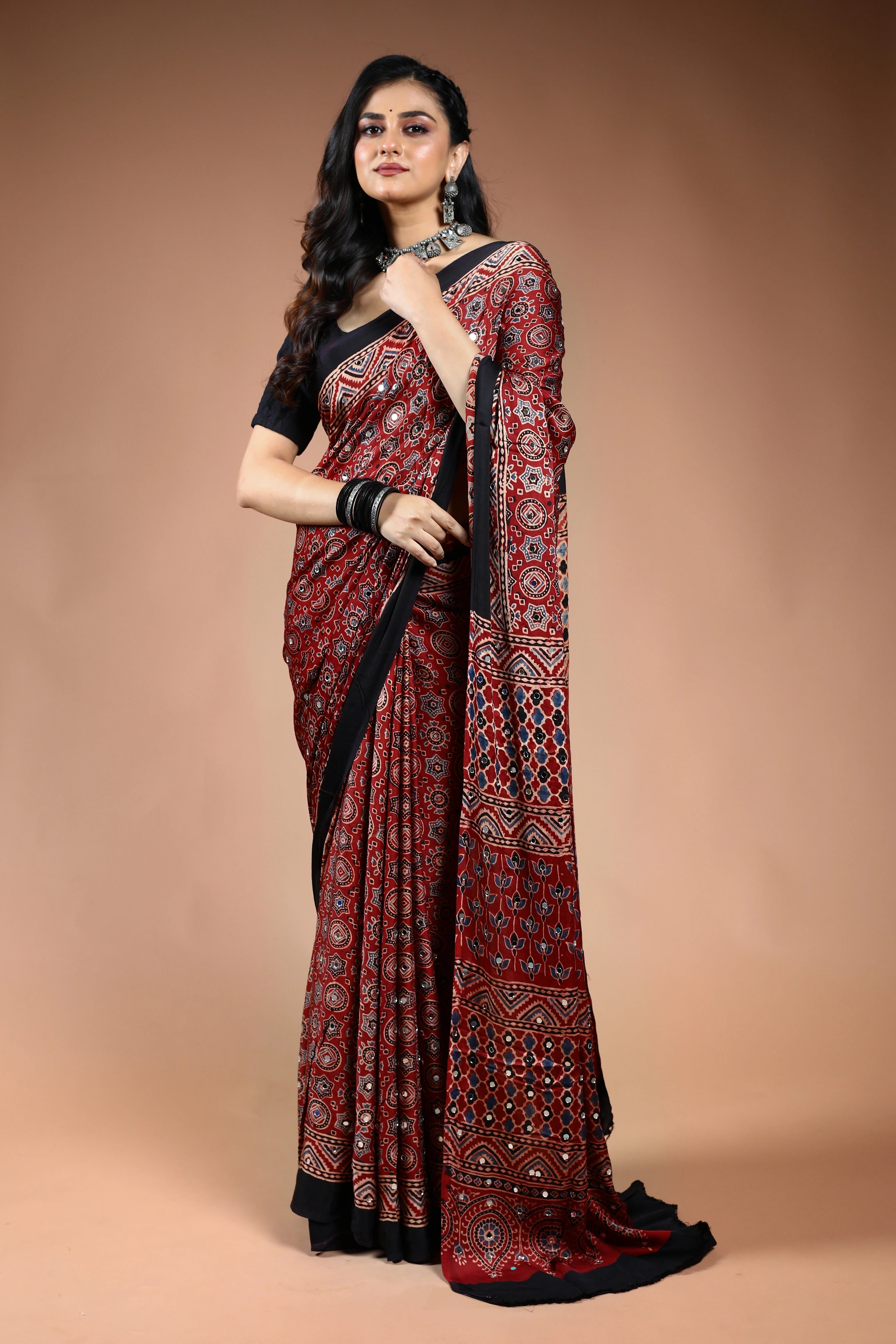 Maroon Ajrakh Modal Silk Saree with Blouse Piece