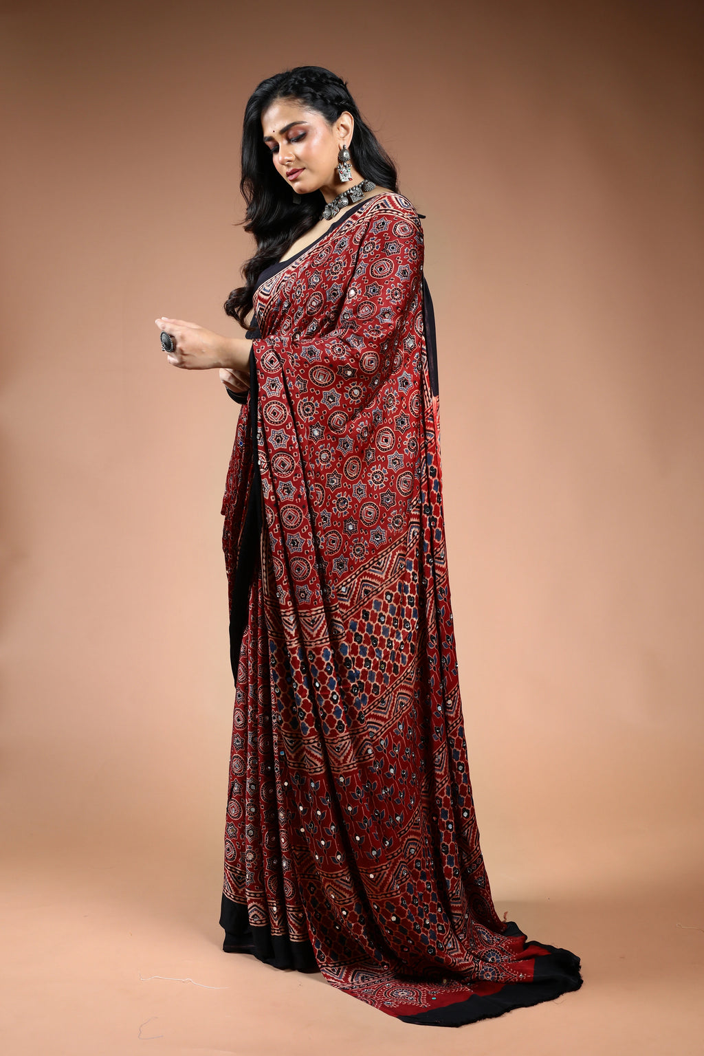 Maroon Ajrakh Modal Silk Saree with Blouse Piece