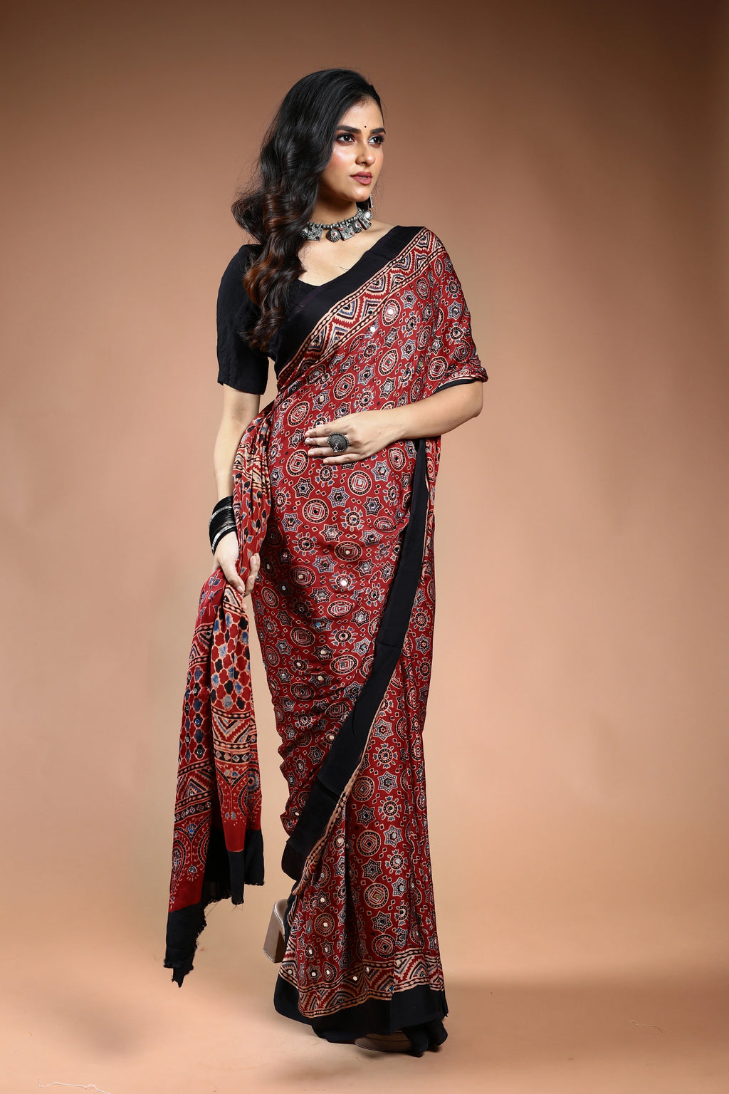 Maroon Ajrakh Modal Silk Saree with Blouse Piece