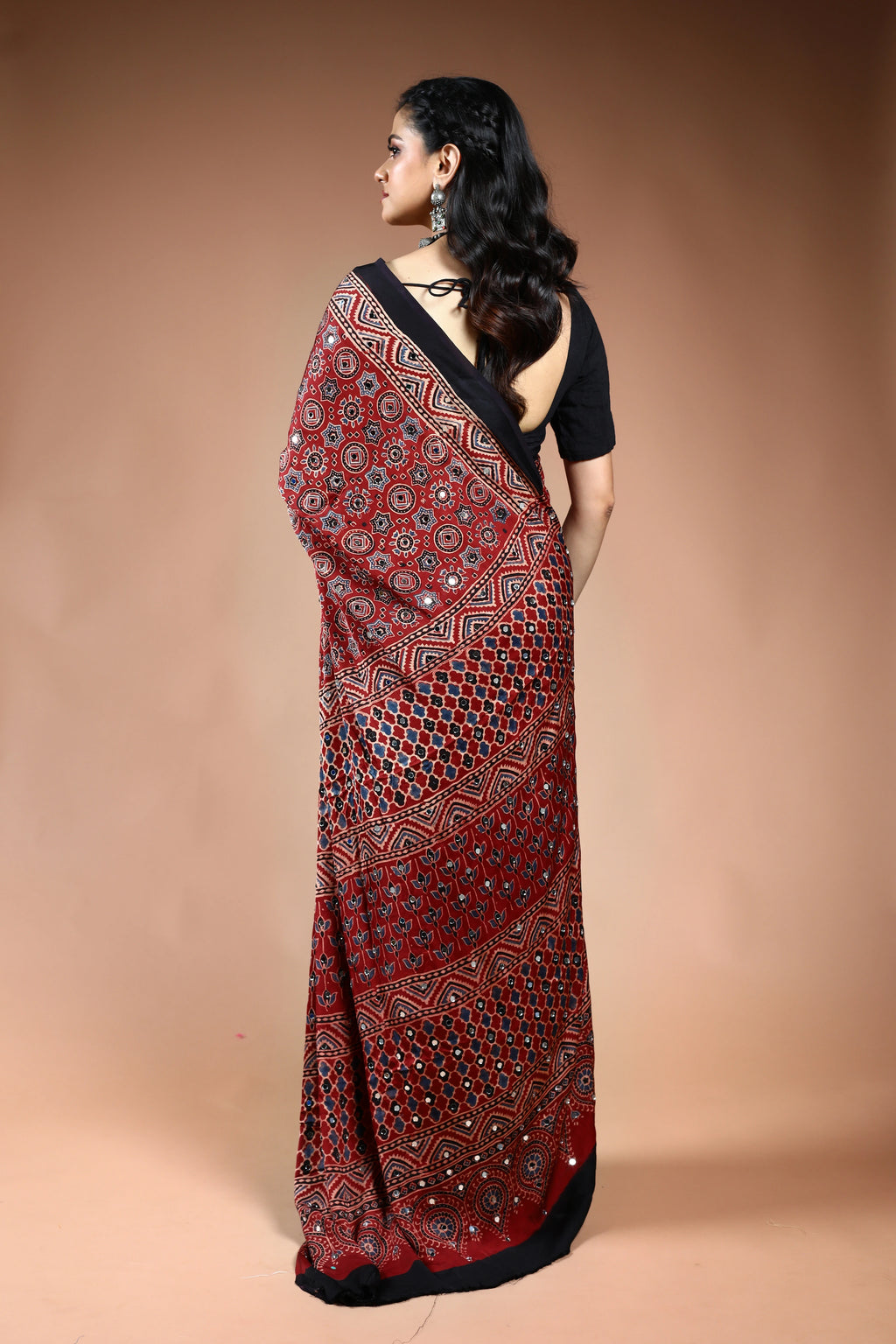 Maroon Ajrakh Modal Silk Saree with Blouse Piece